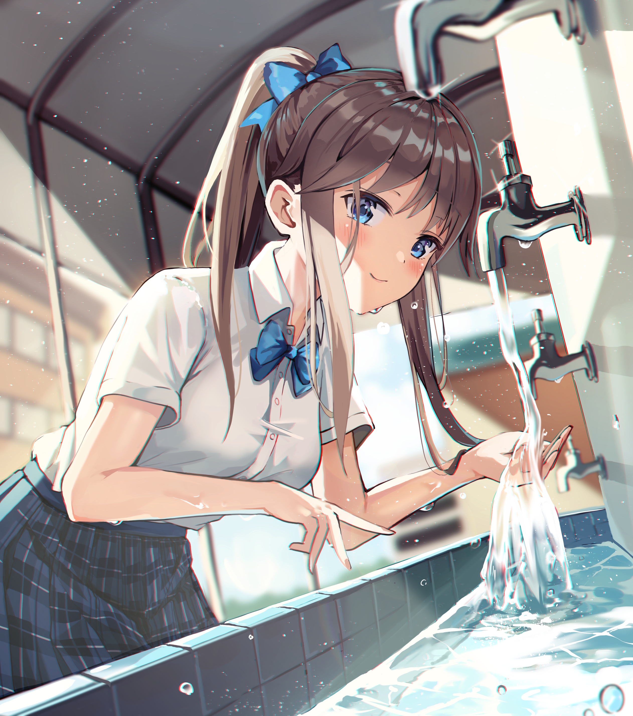 Anime Anime Girls Brunette Blue Eyes Ponytail Smiling Blush School Uniform Faucets Huruyi 2524x2853