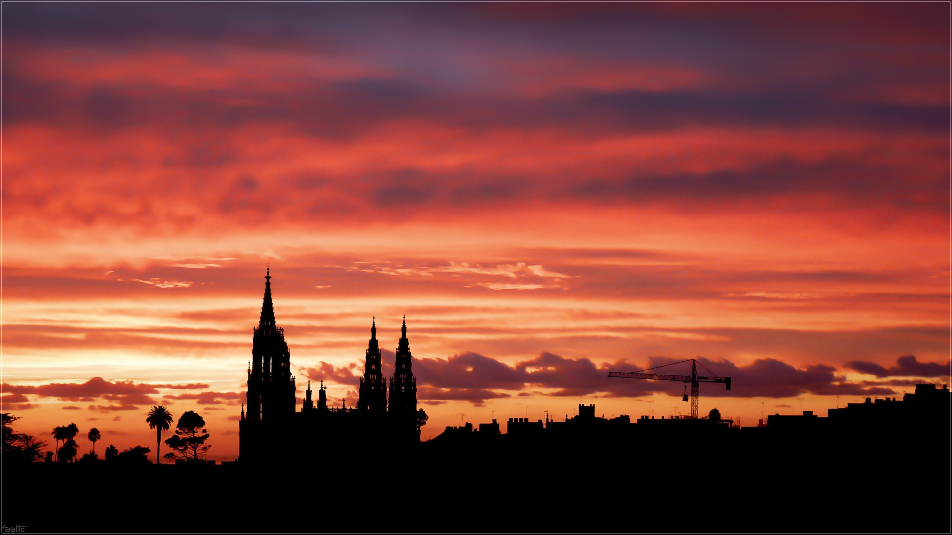 Gran Canaria Canary Islands Red Sky Sunset Silhouette Urban Church Cathedral Kaslito 1920x1080