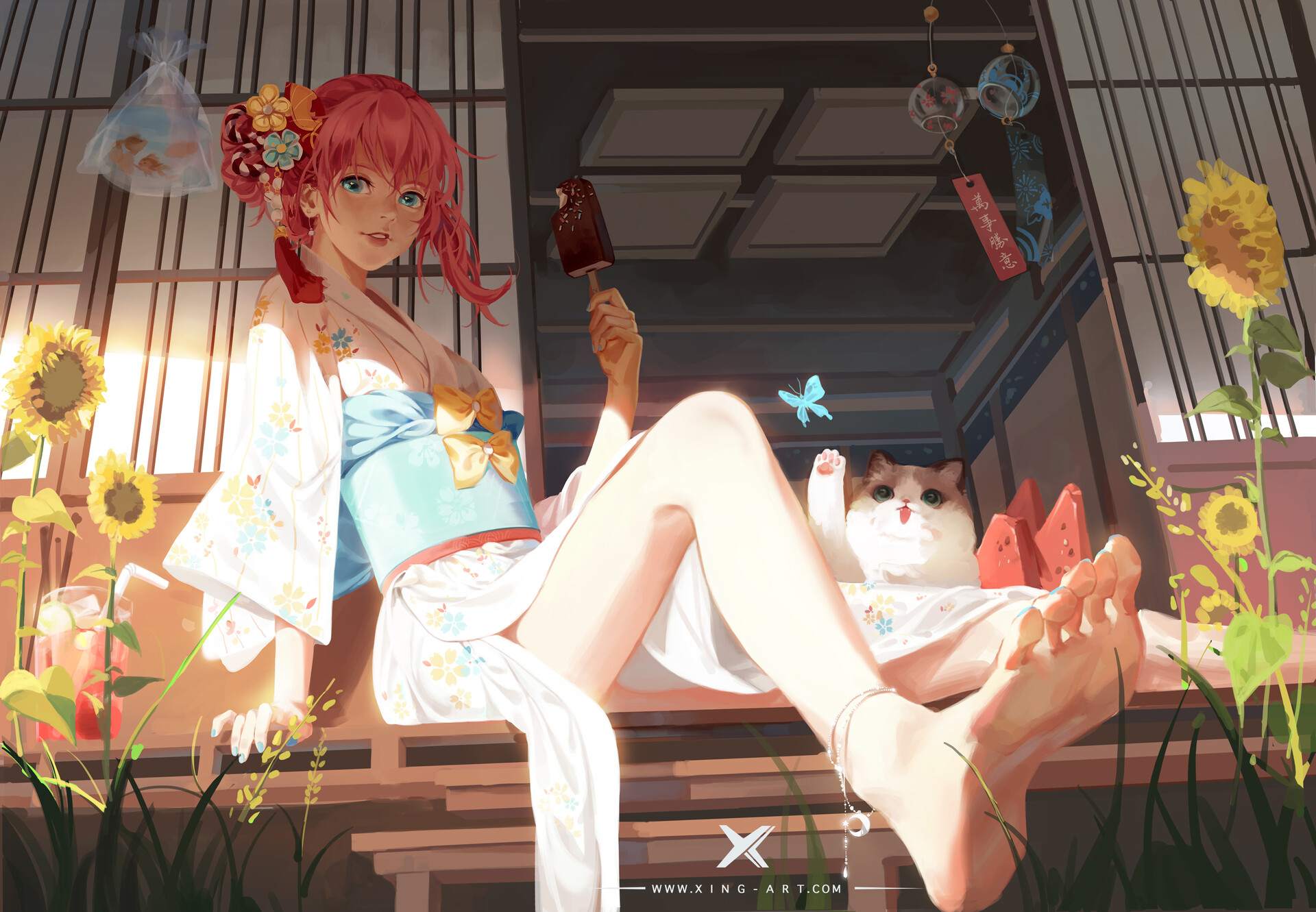 Anime Anime Girls Cats Original Characters Star Academy Ice Cream Redhead Aqua Eyes Japanese Clothes 1920x1331