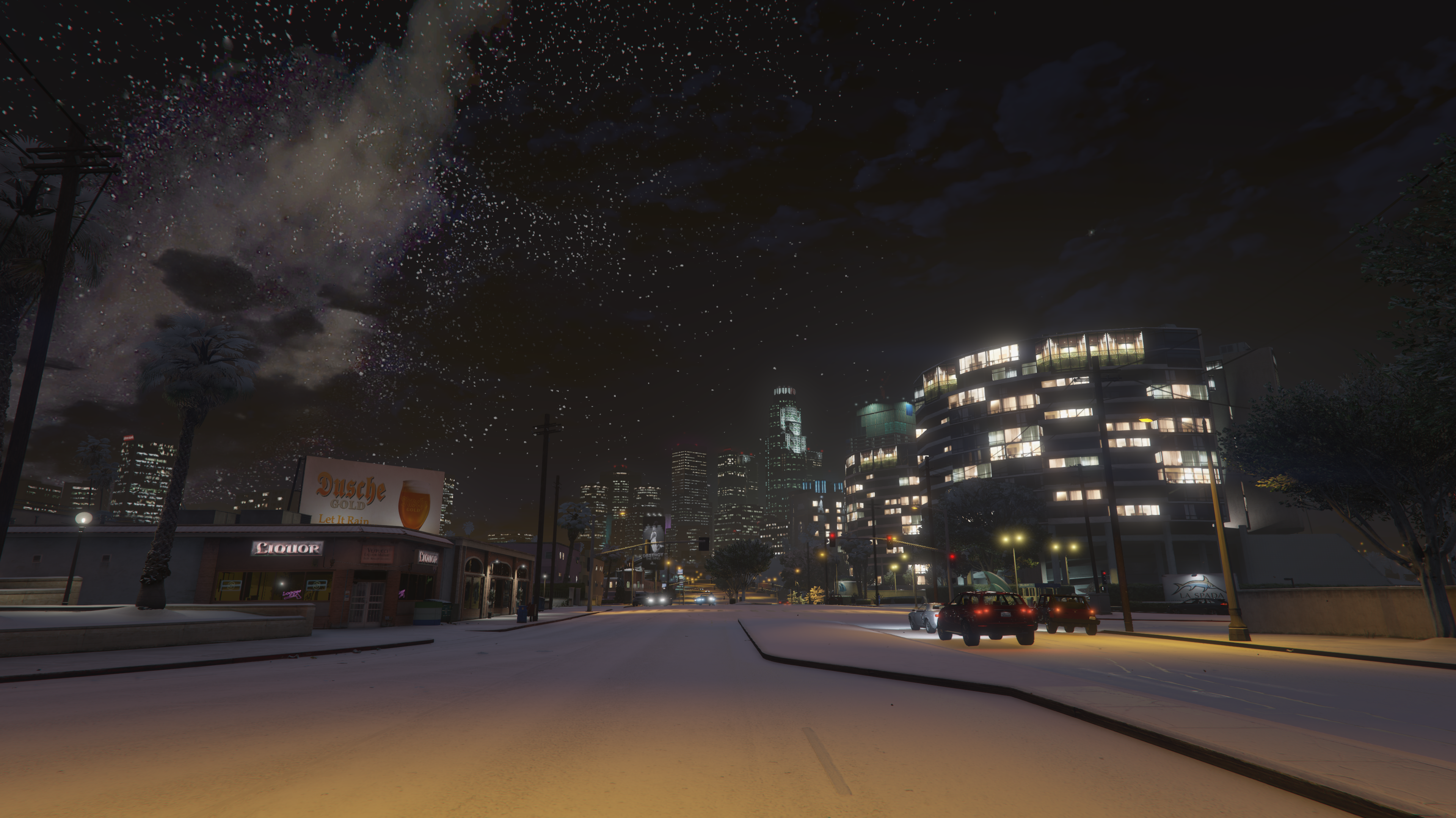 Grand Theft Auto V Night Sky Milky Way Car Los Santos Snow Street Light Traffic Lights Power Lines B 3840x2160