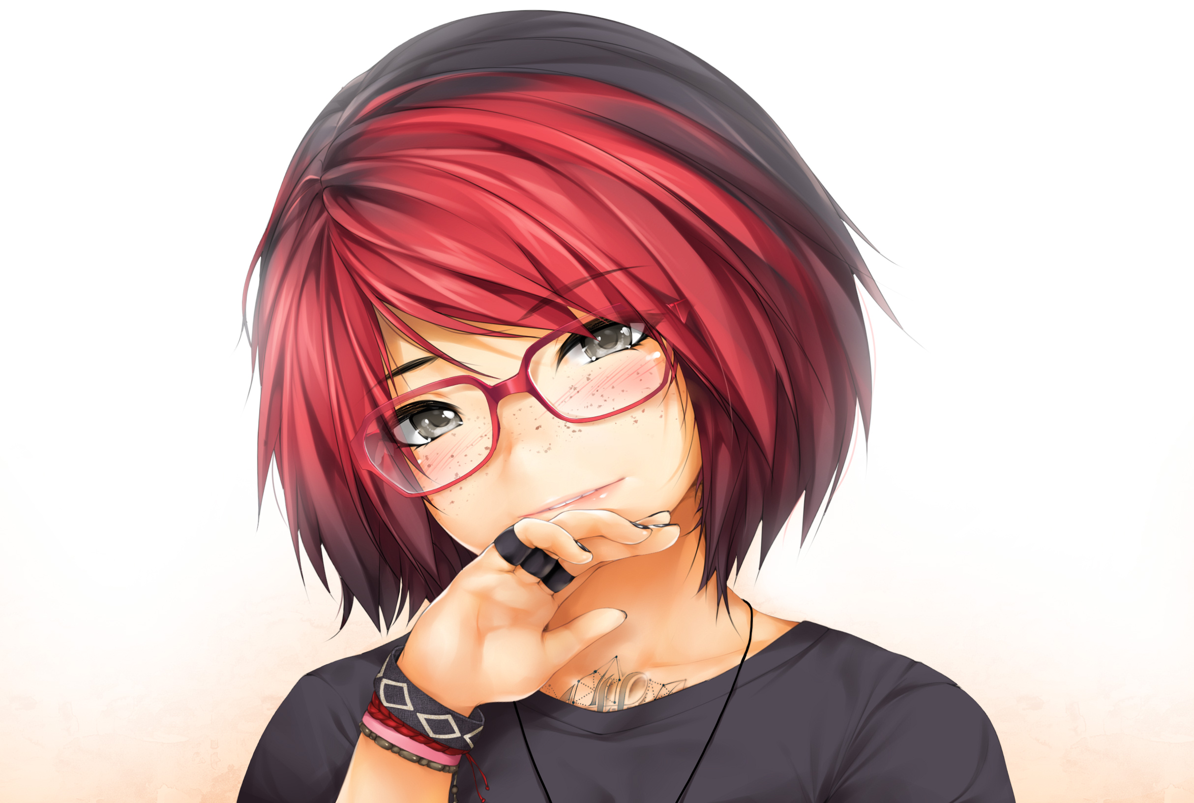 Anime Anime Girls Ashley Rosemarry Glasses Redhead Gray Eyes Wristband Rings Tattoo Necklace Black H 2428x1632