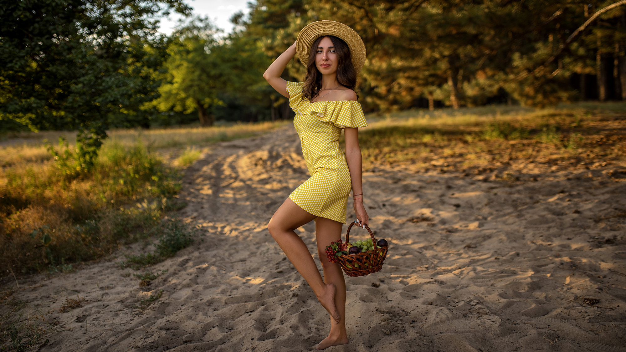 Women Skinny Yellow Dress Women Outdoors Brunette Hat Smiling Fruit Polka Dots Necklace Trees 2000x1125