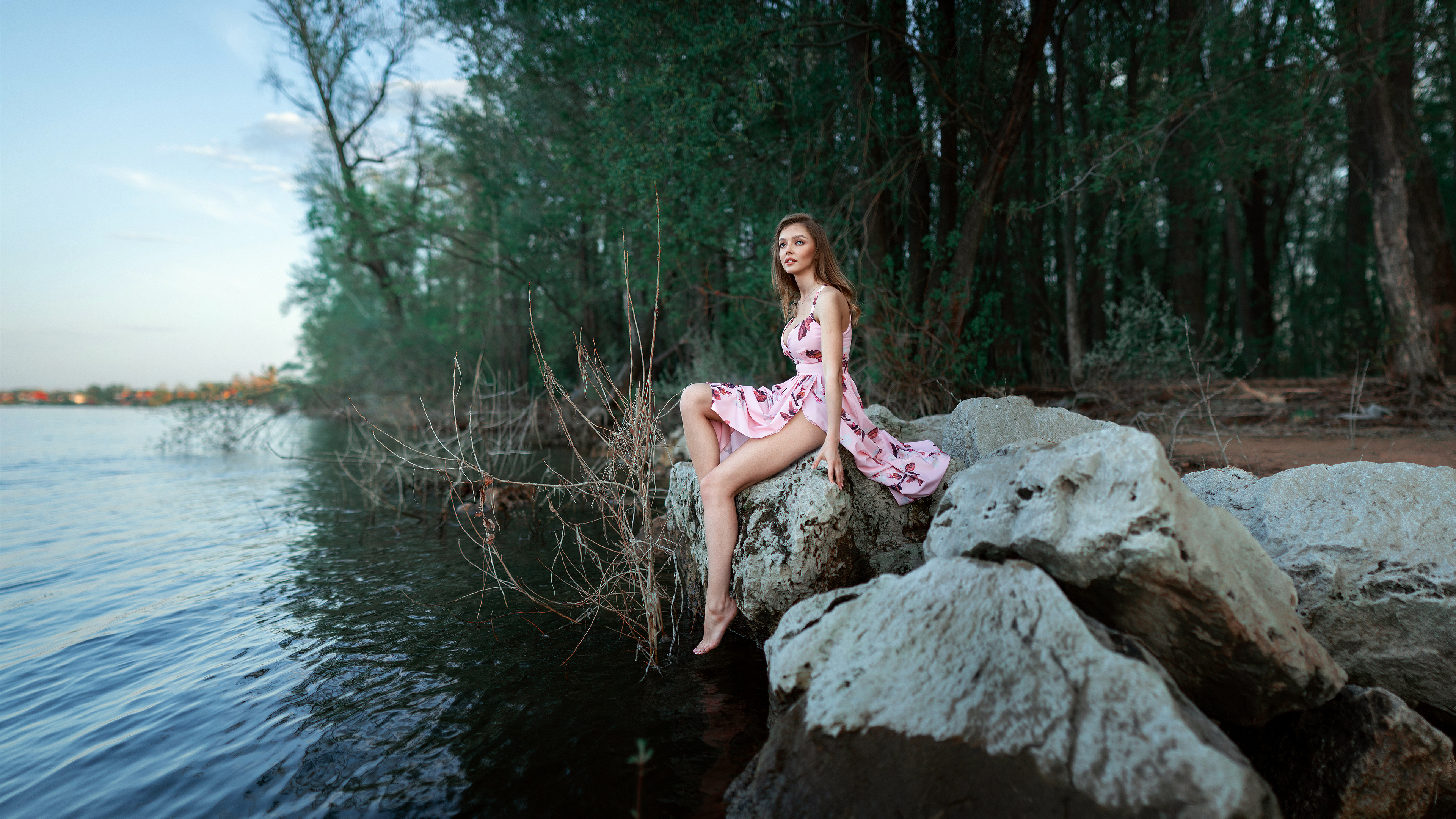 Women Maxim Gustarev Pink Dress Outdoors Wood Lake Rocks Sky Depth Of Field Model Looking Away Legs 3840x2160