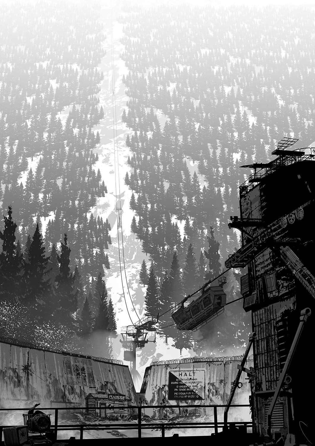 Artwork Digital Art Monochrome Mountains Trees Urban Decay Cable Car 1061x1500