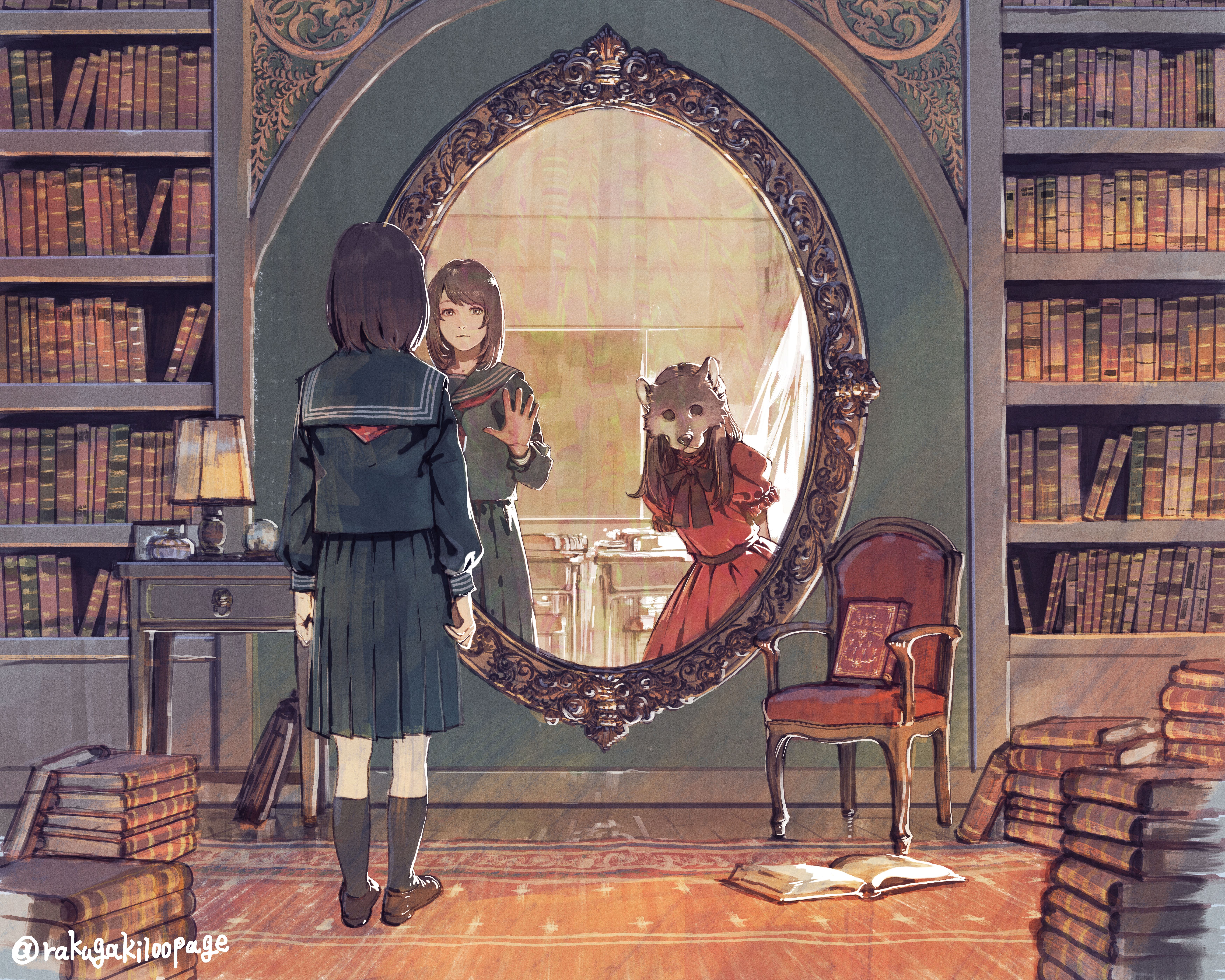 Anime Anime Girls Books Mirror Mirrored Mask School Uniform Dark Hair Long Hair Red Dress Wolf 7000x5600