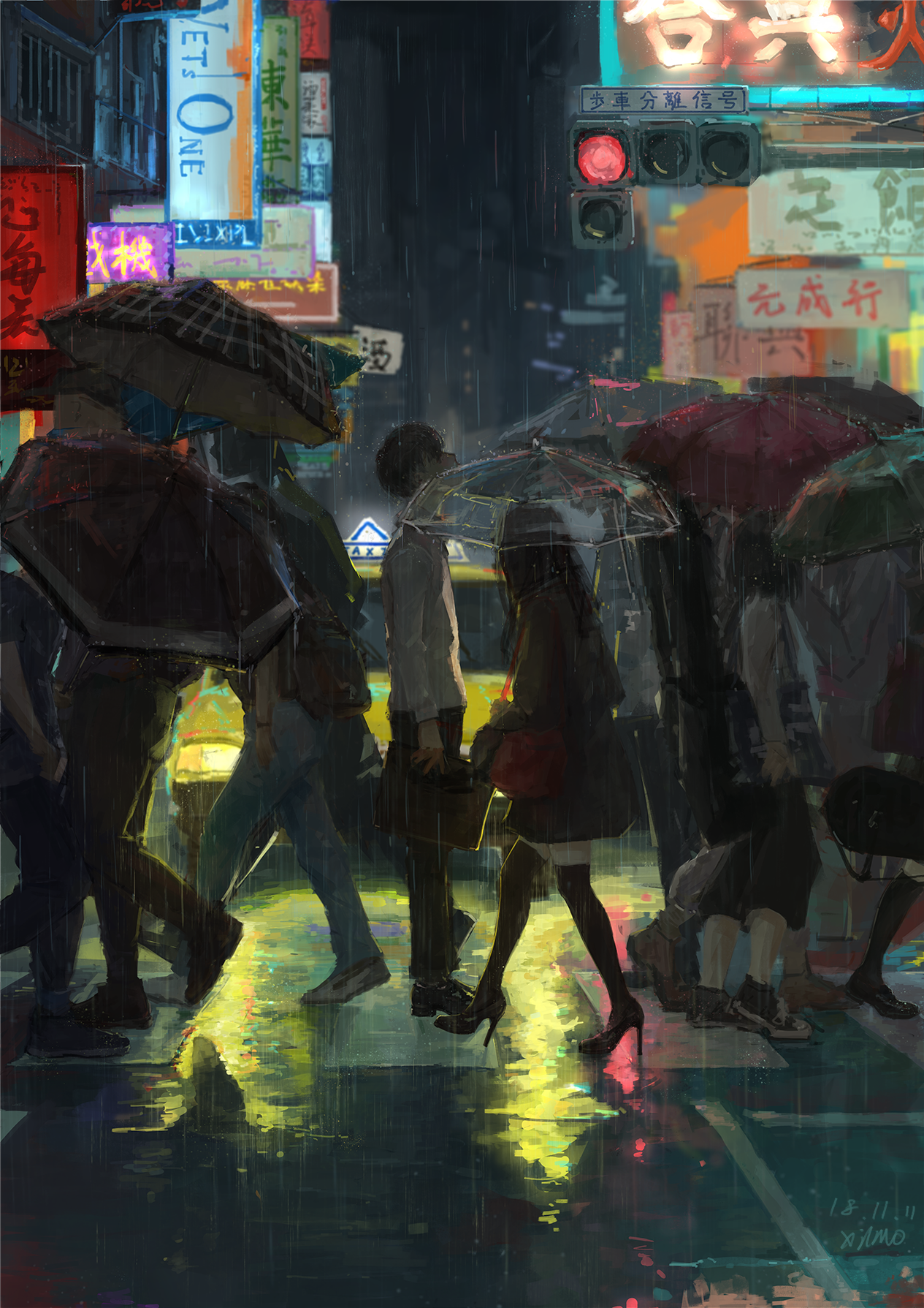 XilmO Anime Anime Boys Rain Umbrella Taxi Road City Urban People 1265x1789