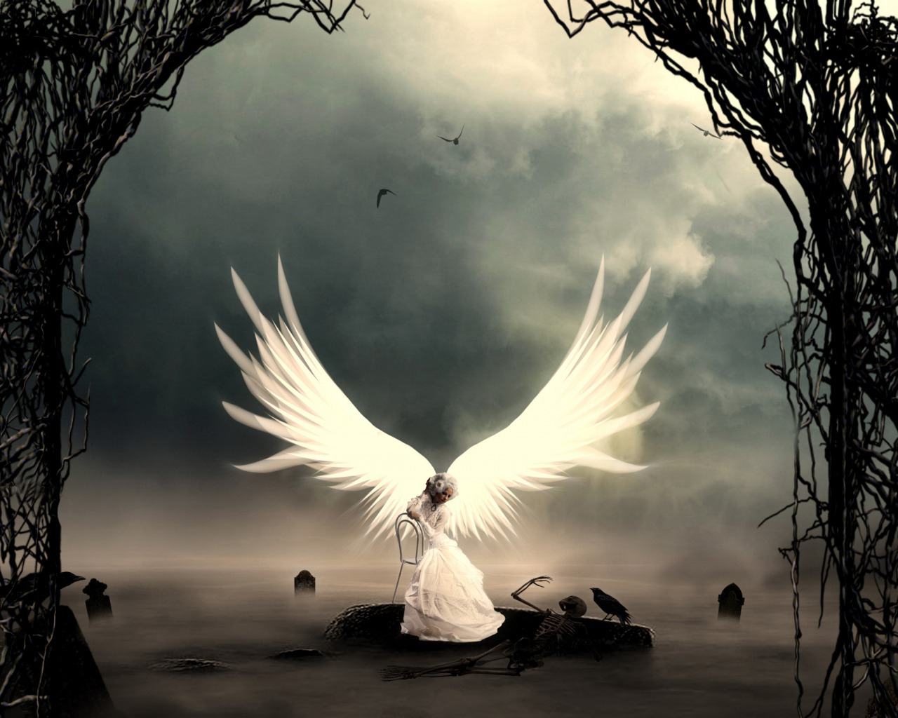 Angel Skeleton Crow Wings Women Mist Clouds Sky Graveyards Nikos23a 1280x1024