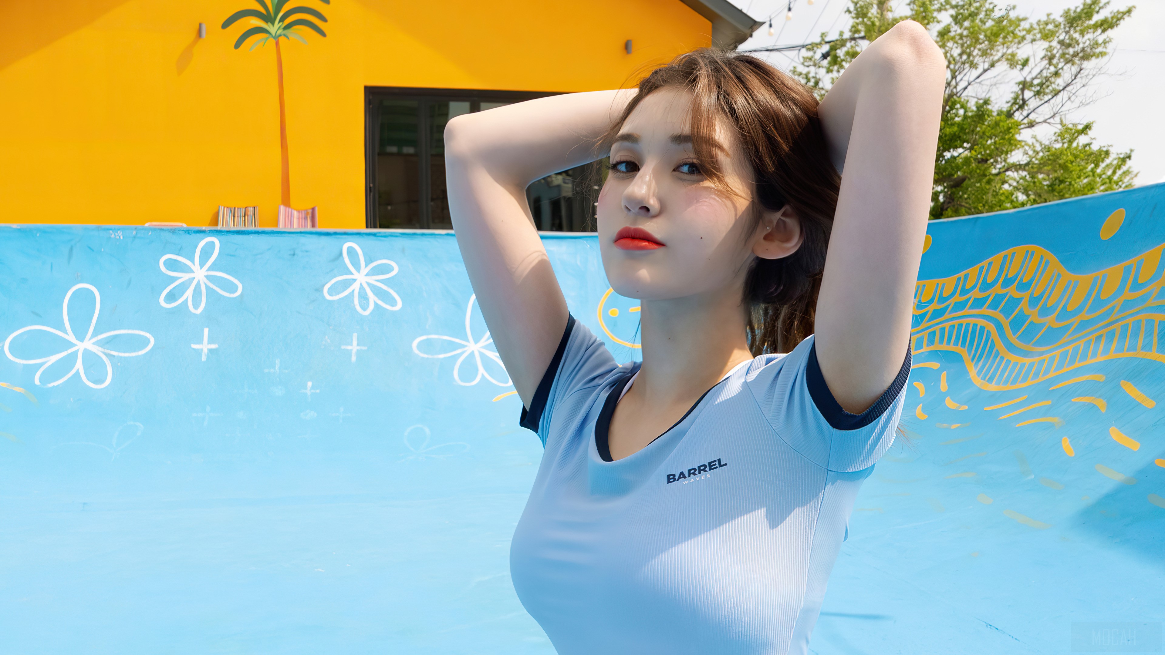 Asian Korean Women Blue T Shirt Hands On Head Looking At Viewer Somi 3840x2160