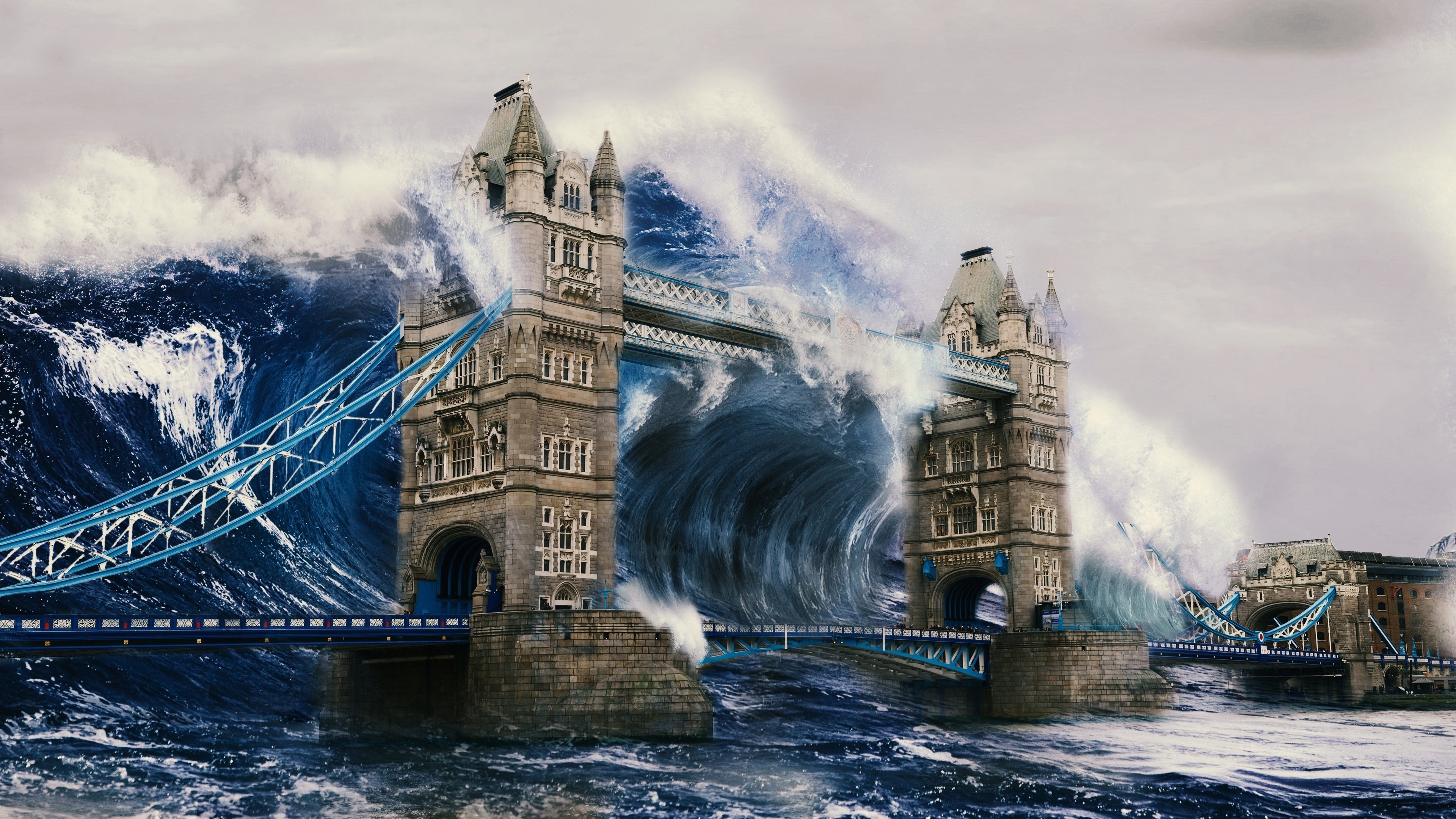 Apocalyptic London Tower Bridge Tsunami Wave 3840x2160