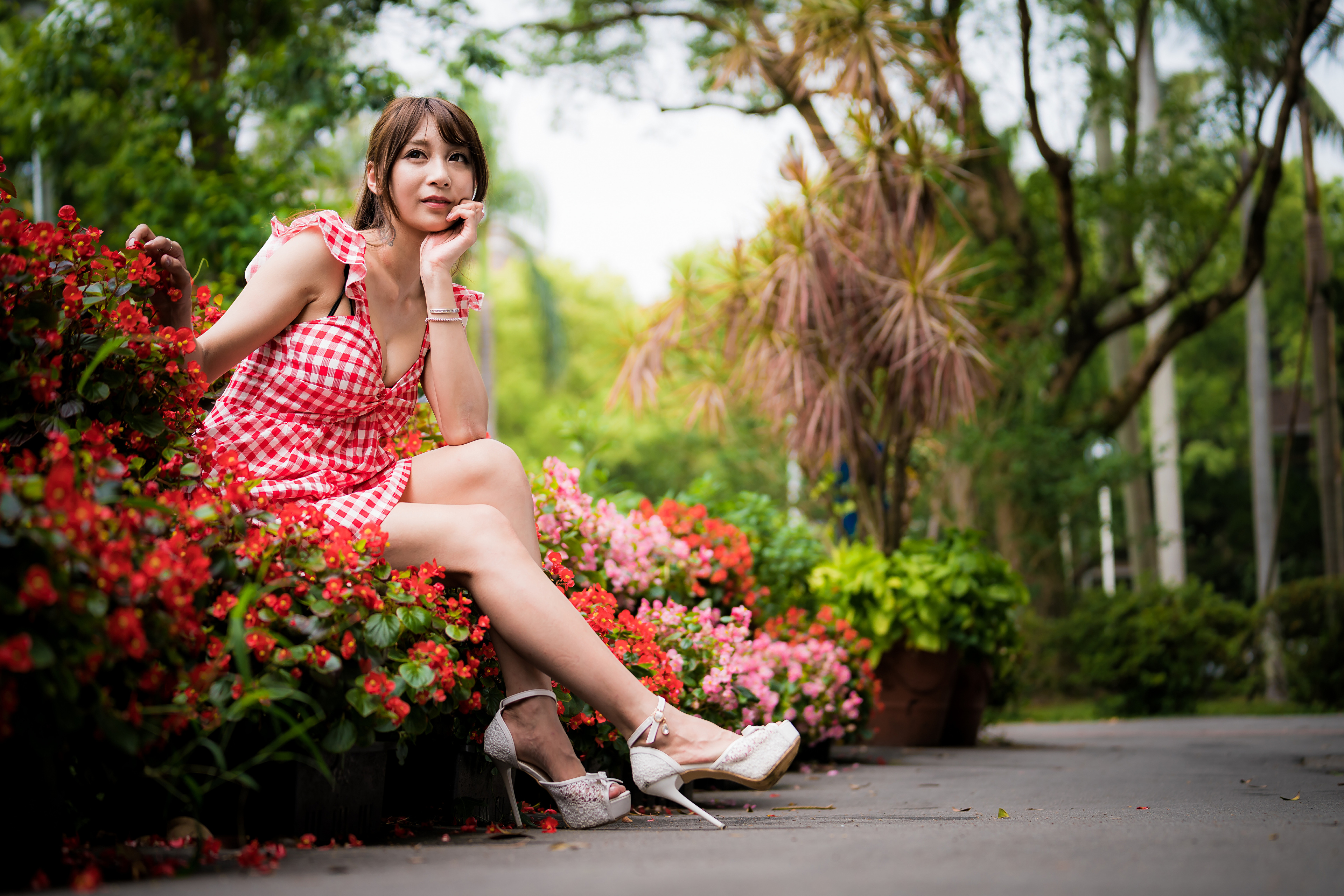 Asian Model Women Long Hair Brunette Sitting Depth Of Field Flowers White Heels Trees Bushes 3840x2561