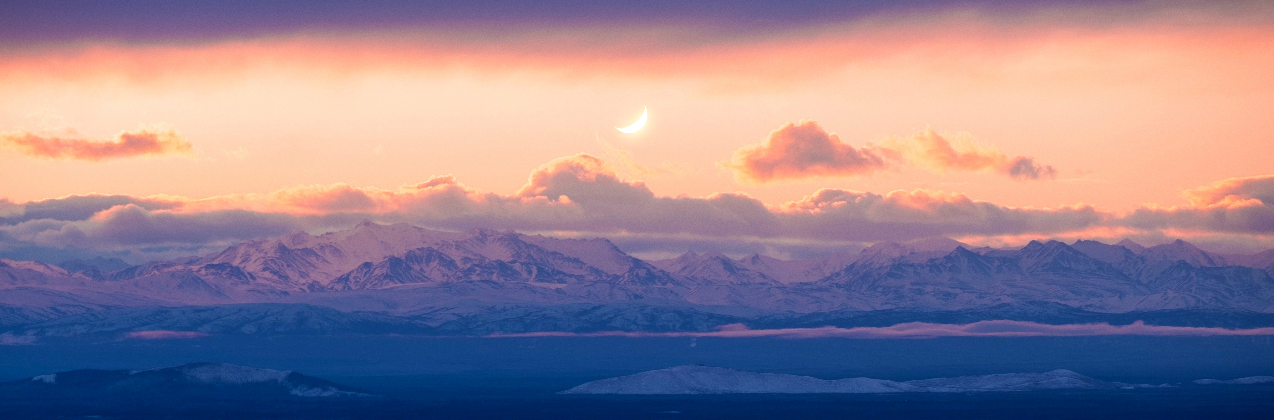 Landscape Mountains Snowy Mountain Clouds Moon Sunset Long Image 4073x1343