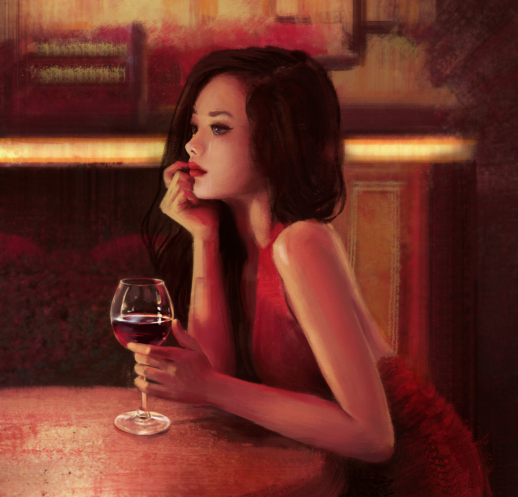 Mandy Jurgens Red Wine Wine Glass Young Woman Wine Crying Fan Art Red Clothing Red Dress Dark Hair D 1800x1728