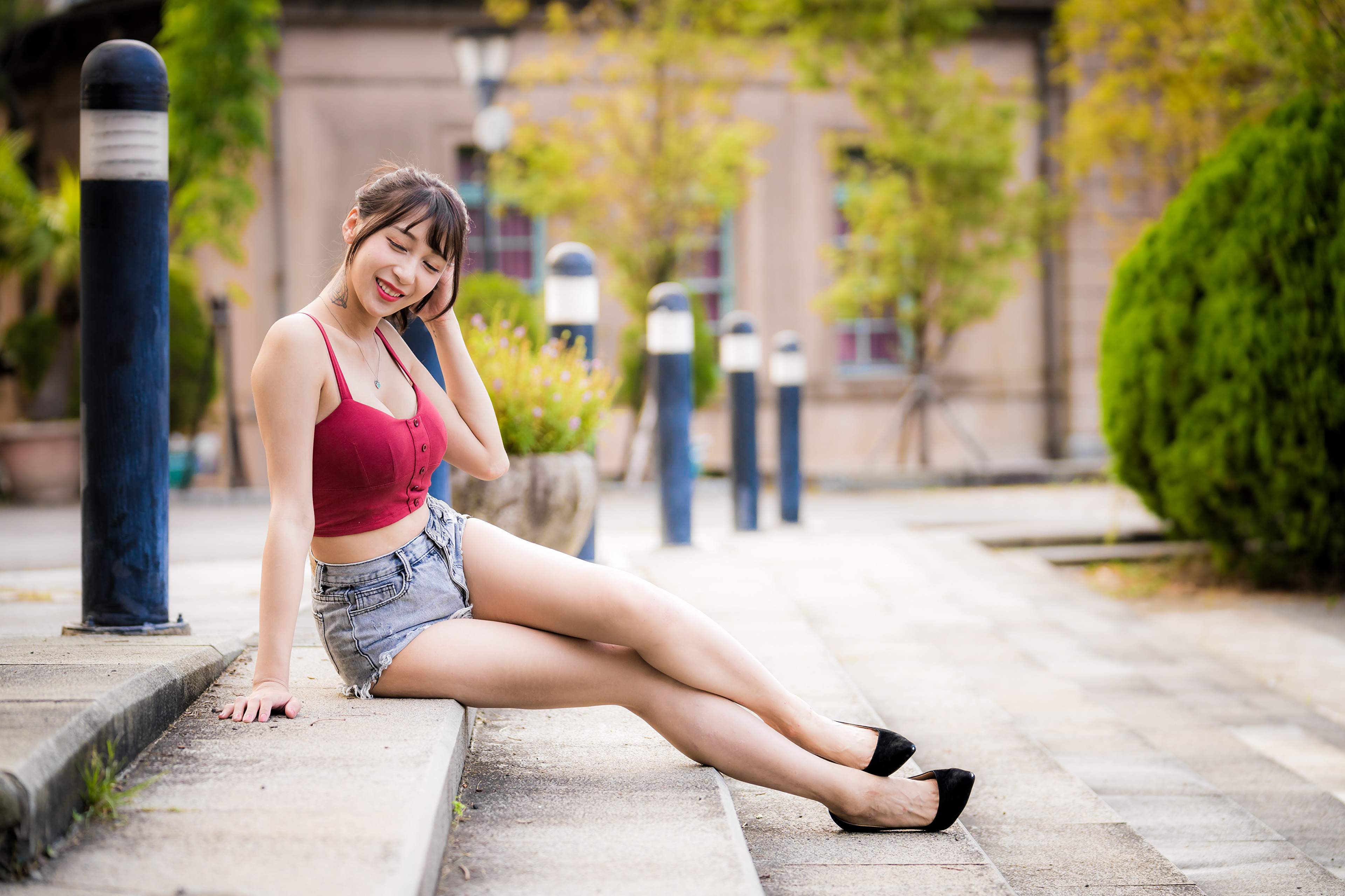 Asian Women Model Long Hair Brunette Sitting Shorts Black Heels Jeans Stairs Bushes Building Poles R 3840x2559