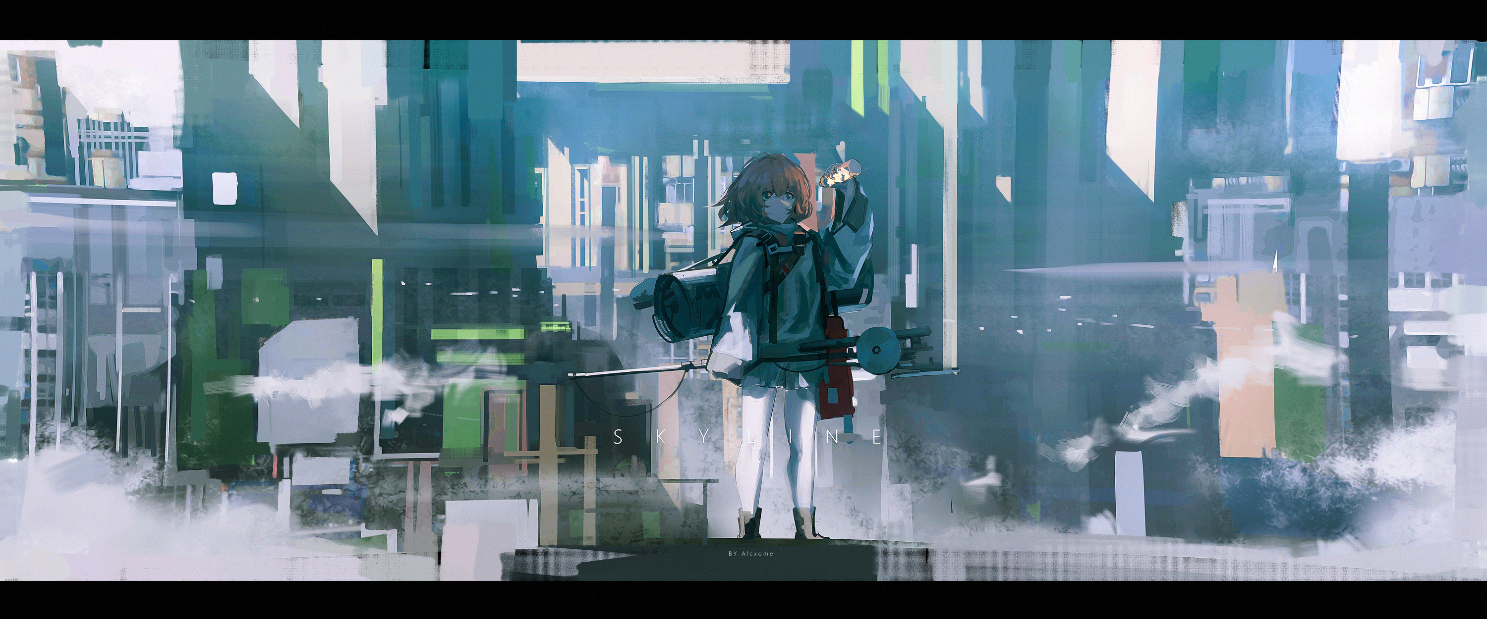 Anime Girls Alcxome Skyline Sky City Clouds 3000x1250