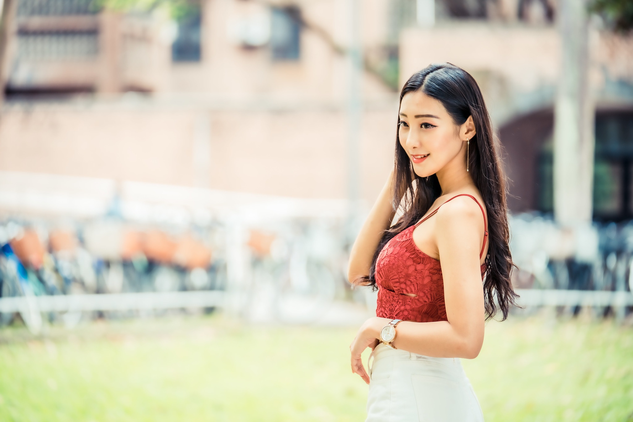 Asian Women Model Depth Of Field Long Hair Brunette Red Tops Earring Wristwatch Grass Building Scoot 2048x1366