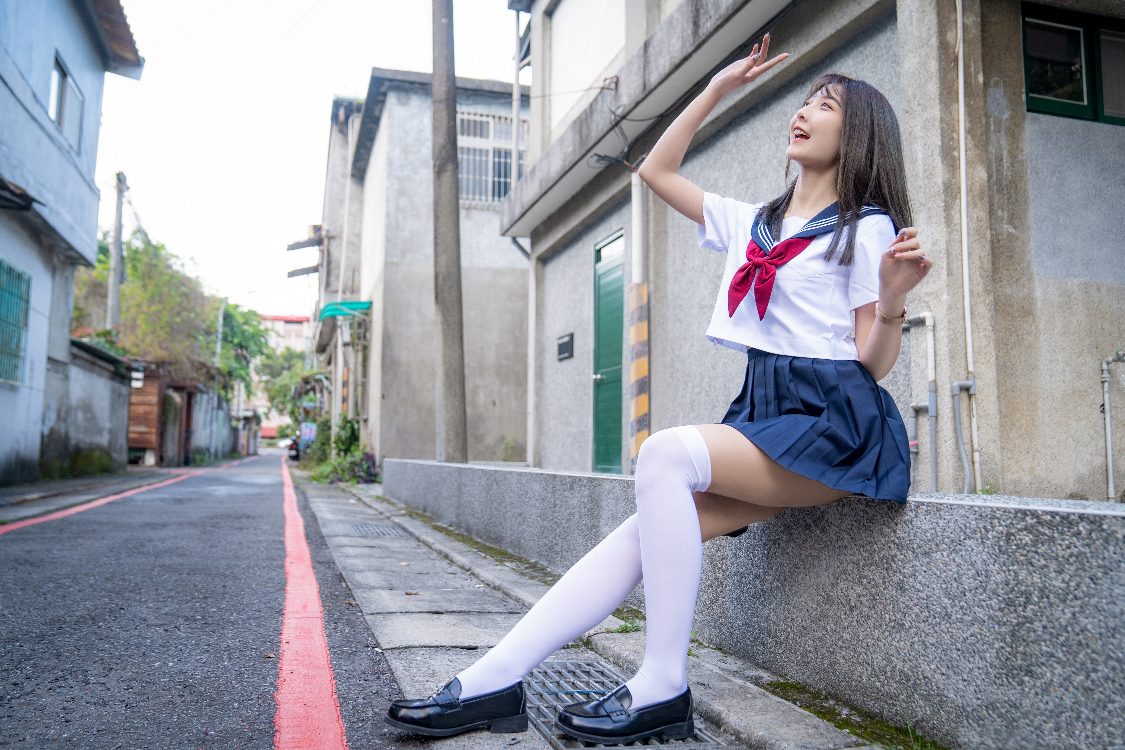 Women Model Asian Brunette Cosplay School Uniform Sailor Uniform Sitting Knee Highs Street Depth Of  3840x2560