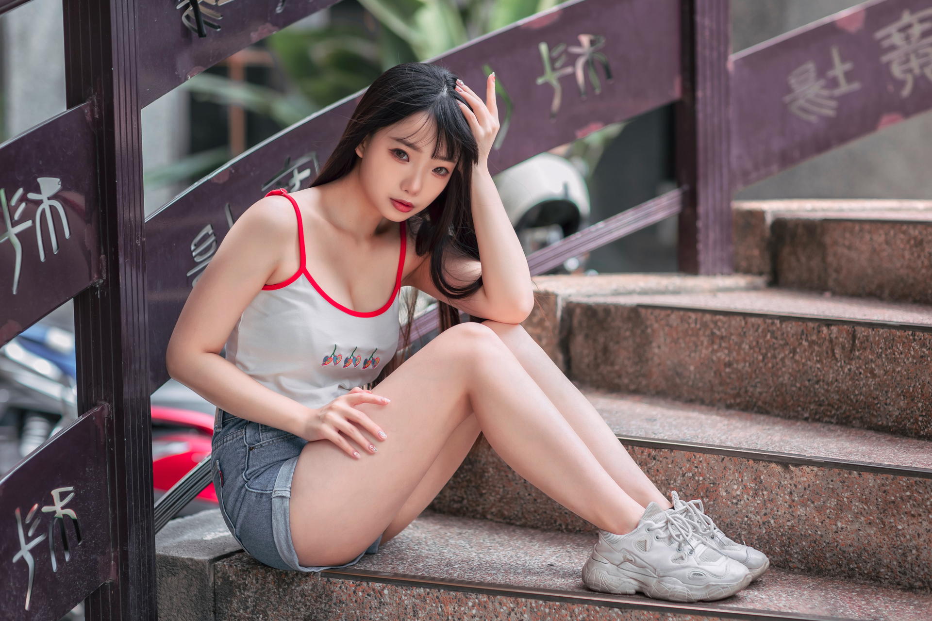 Asian Model Women Long Hair Dark Hair Stairs Railings Sneakers Short Tops Ning Shioulin Sitting Lean 1920x1280