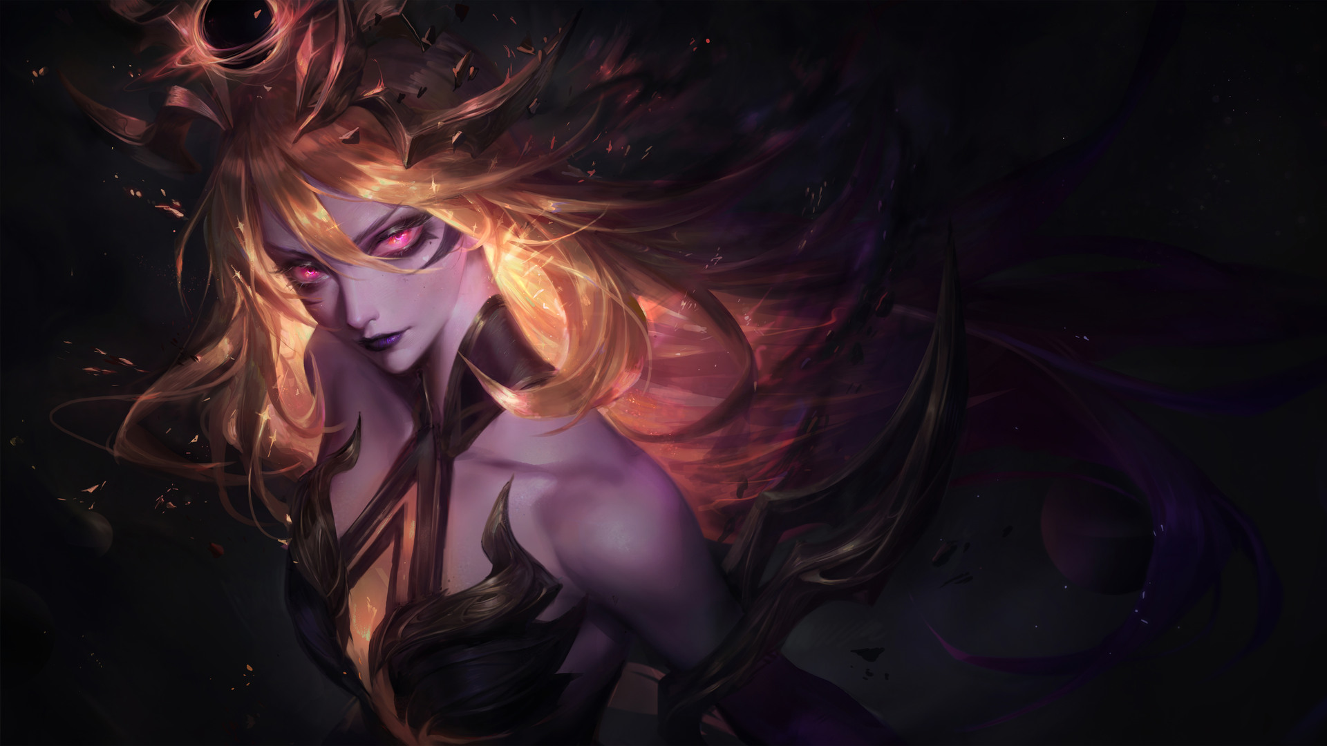 Lux League Of Legends League Of Legends Dark Background Looking At Viewer Purple Lipstick Red Eyes R 1920x1080