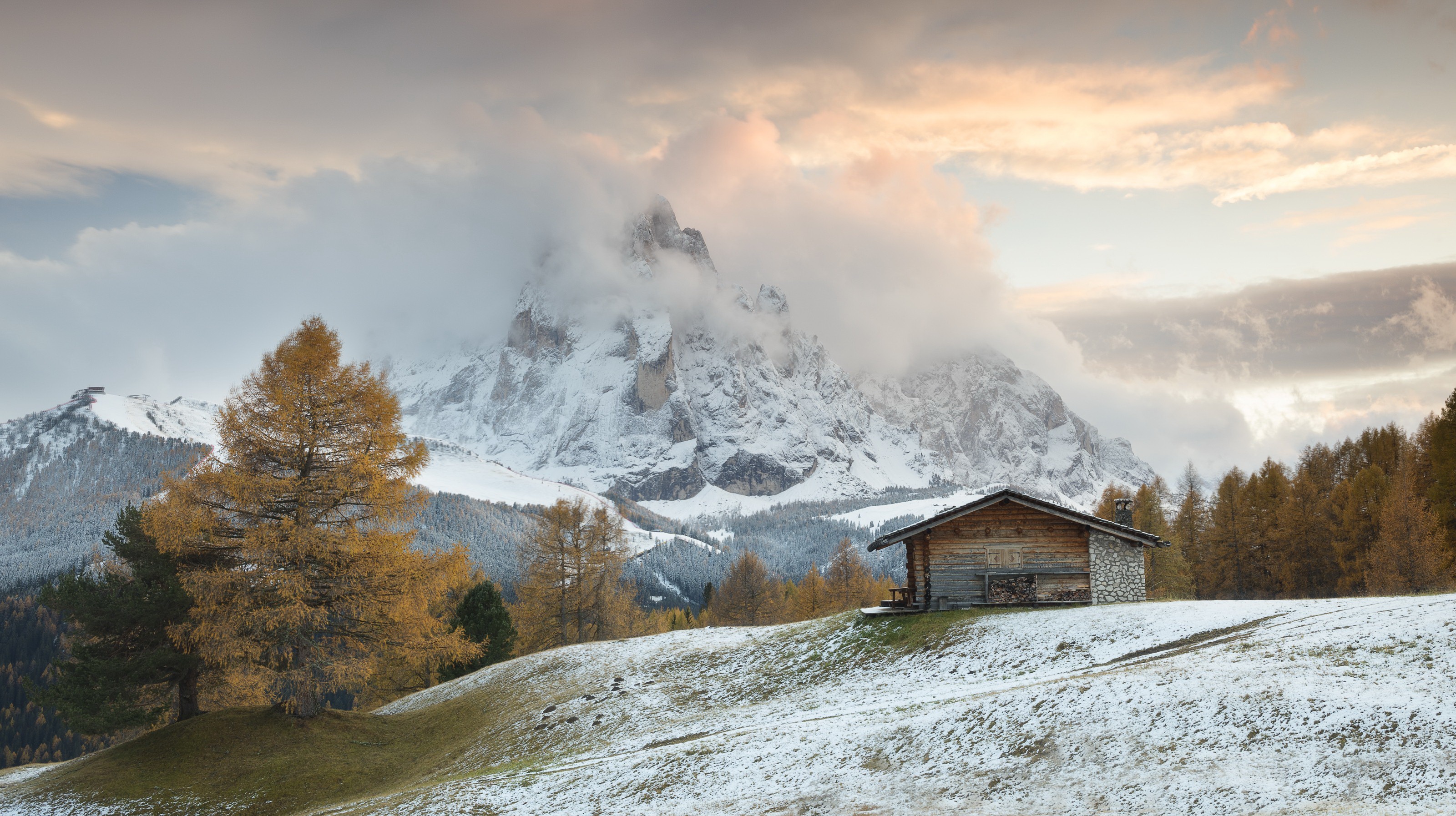 Hut Winter Mountains Nature Outdoors Clouds 3200x1794