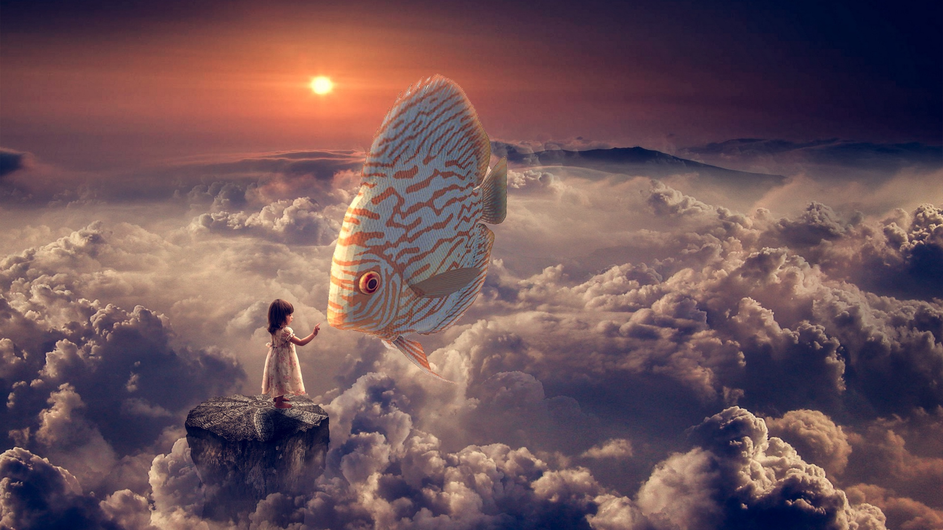 Artistic Cloud Fantasy Fish Little Girl Rock Sun 1920x1080