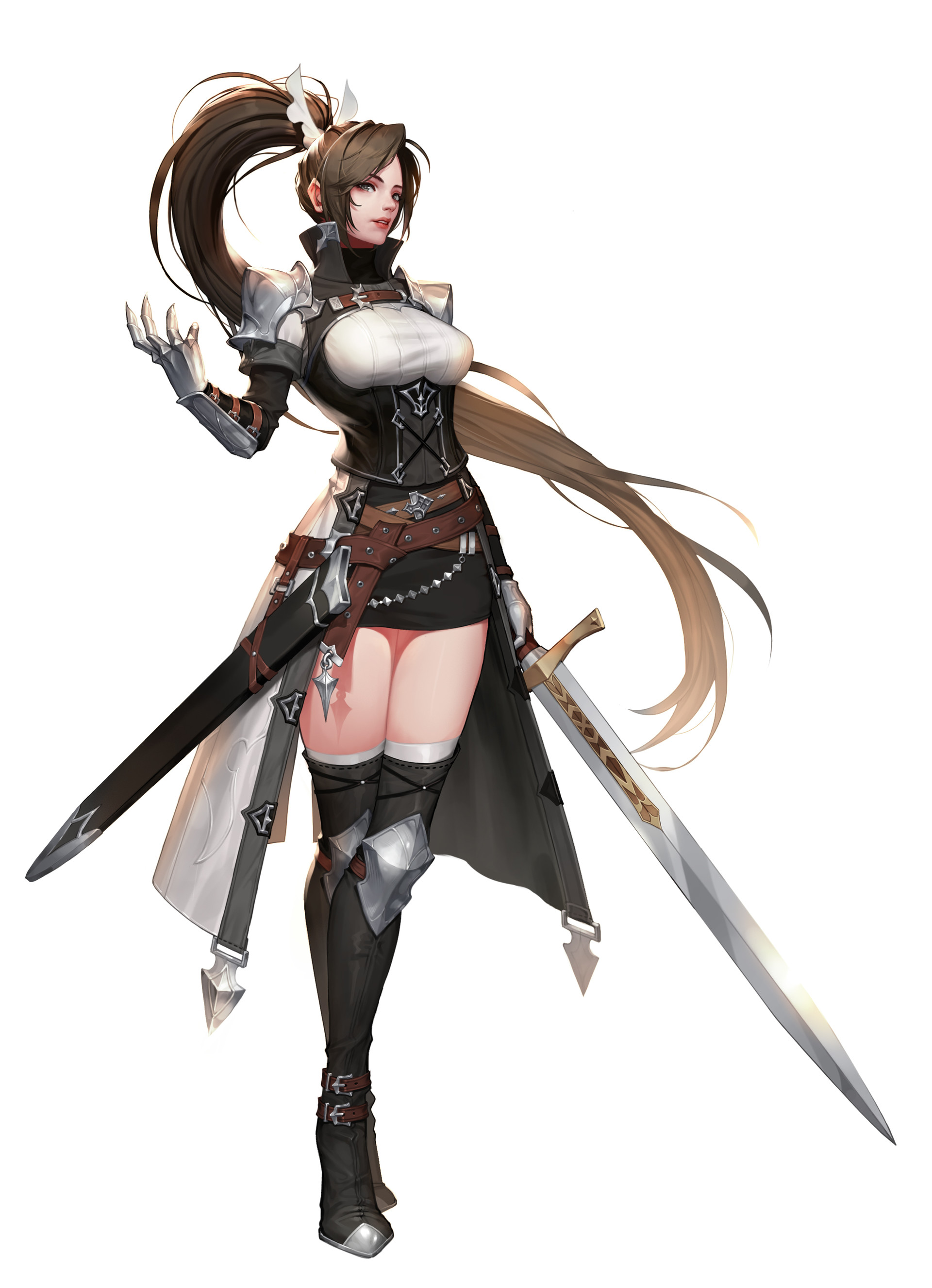 Chocolazy Drawing Women Brunette Long Hair Warrior Ponytail Hauberk Weapon Sword Sheath Simple Backg 1920x2653