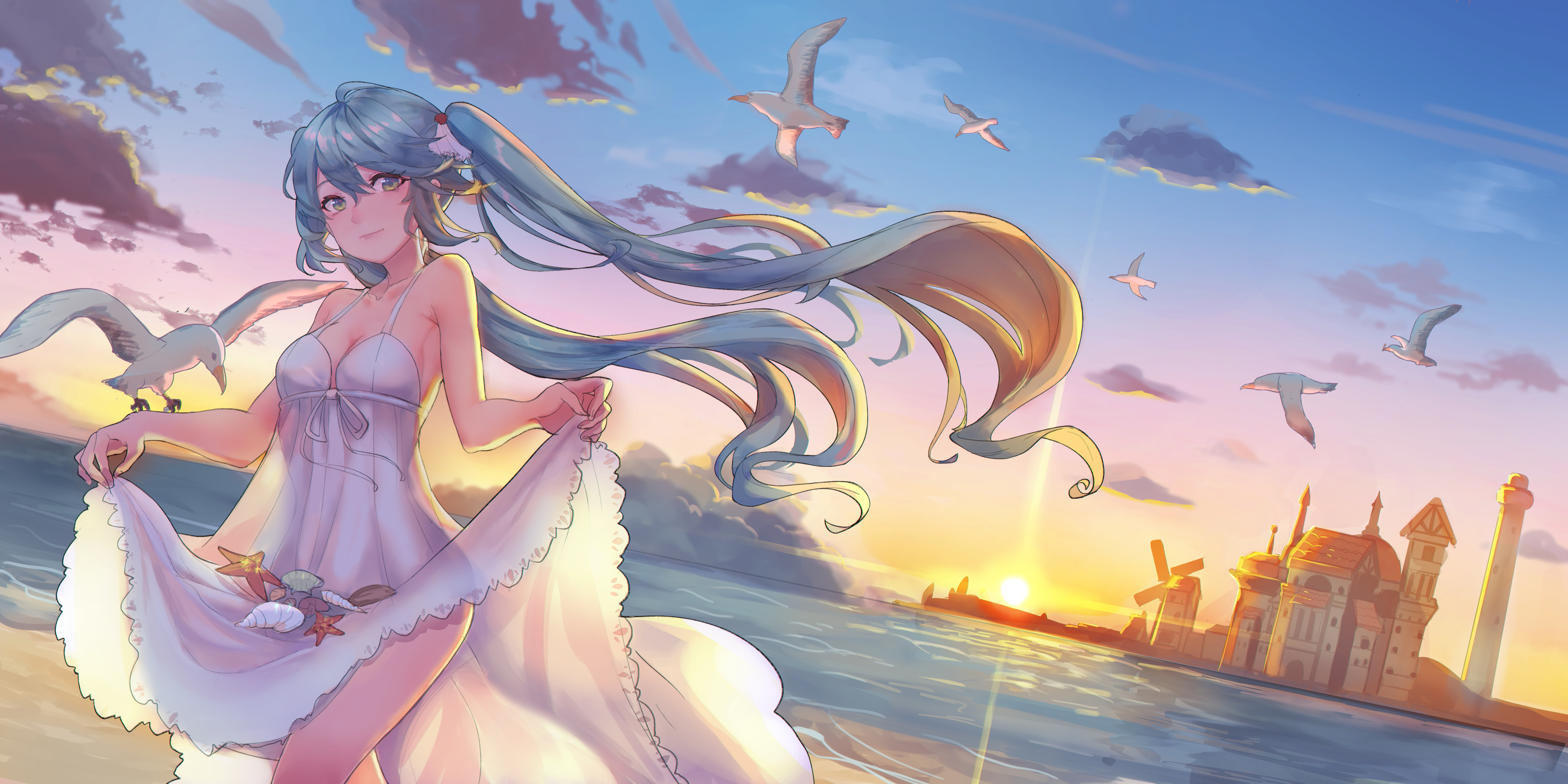 Anime Girls Vocaloid Hatsune Miku Ice Artist Smiling Lifting Dress Sun Dress Beach 4917x2459