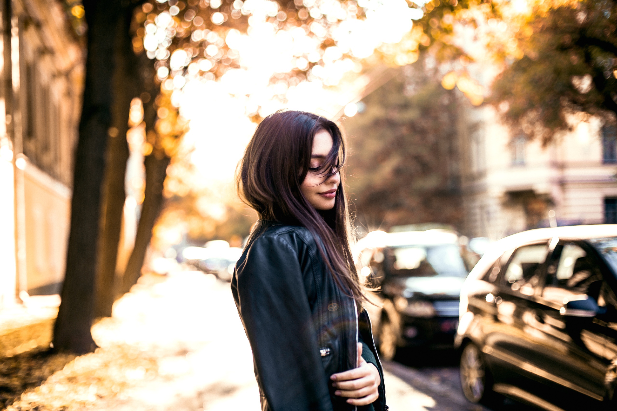 Black Hair Depth Of Field Girl Leather Jacket Model Mood Woman 2560x1707