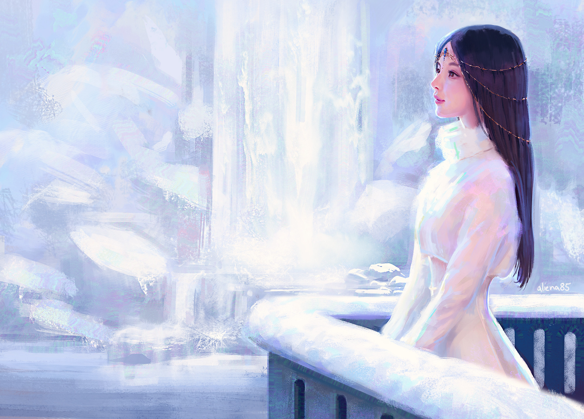 Mandy Jurgens Women Young Woman Standing White Clothing Long Hair Dark Hair Fantasy Art Digital Pain 2000x1434