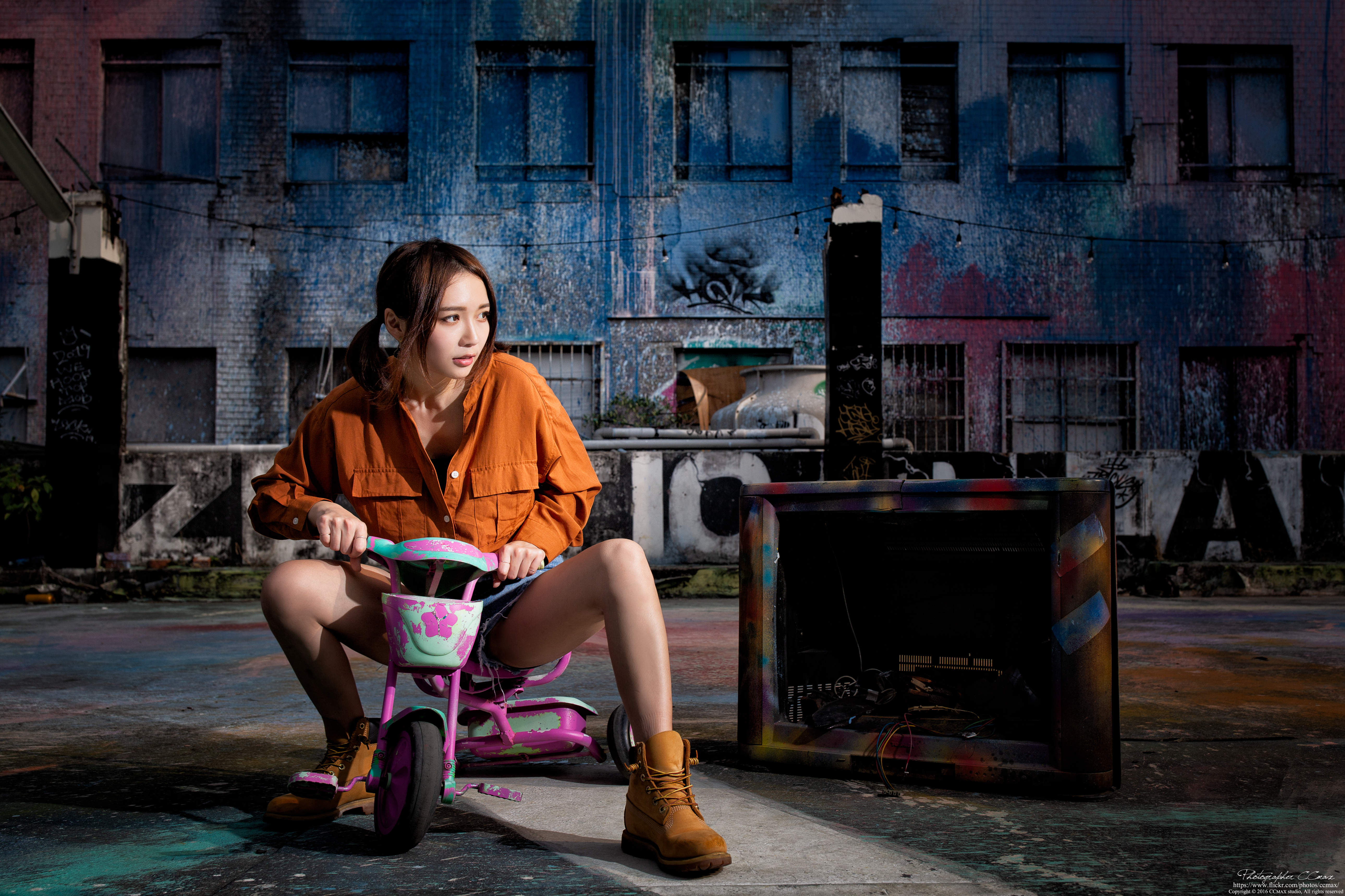 Asian Model Women Long Hair Brunette Sitting Twintails Tricycle Shorts Shirt Boots 5159x3439