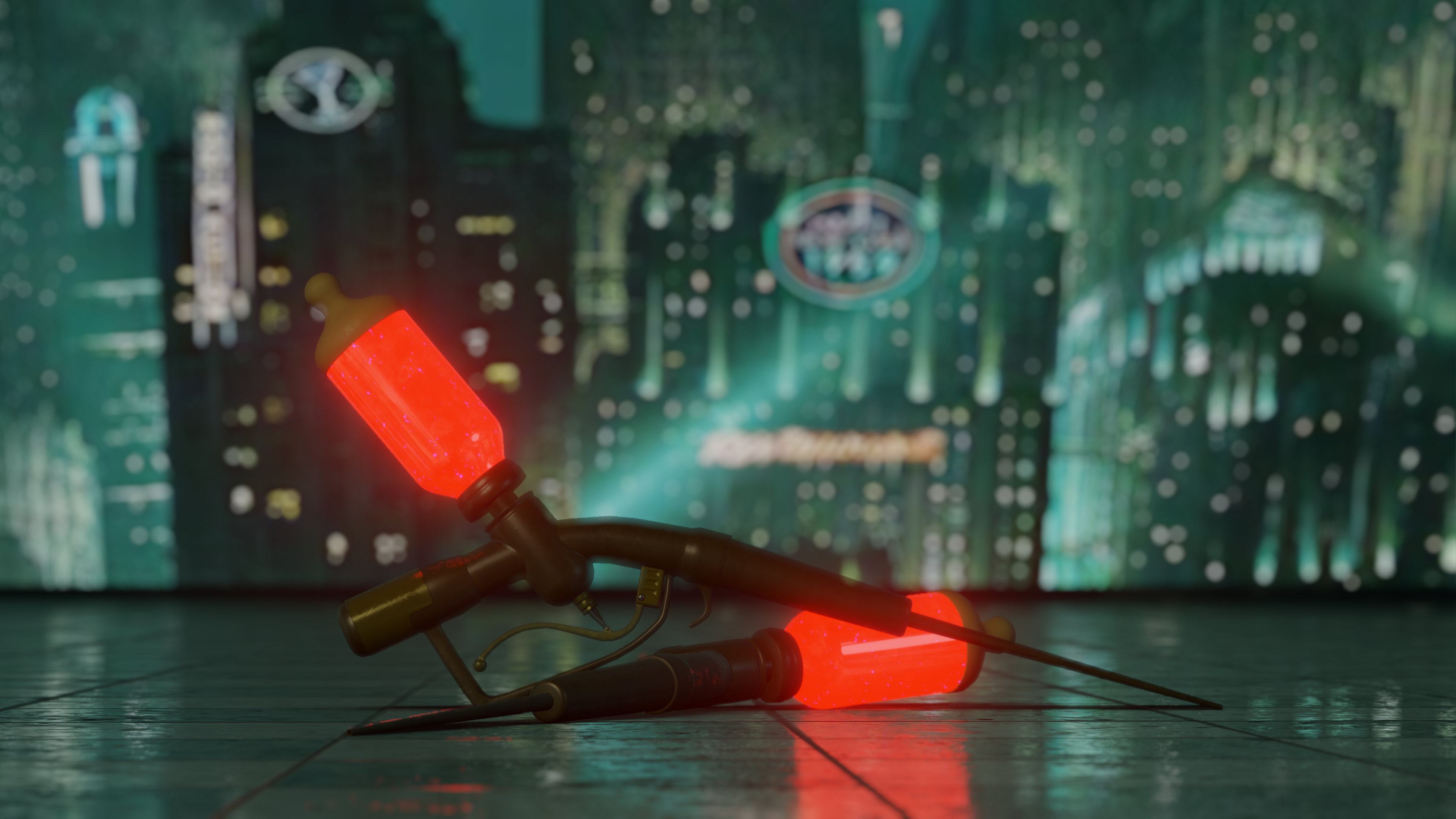 BioShock Syringe Video Game Art Fan Art 3D Red Blooms Rapture Lights Shiny Reflection Liquid Bronze  3840x2160