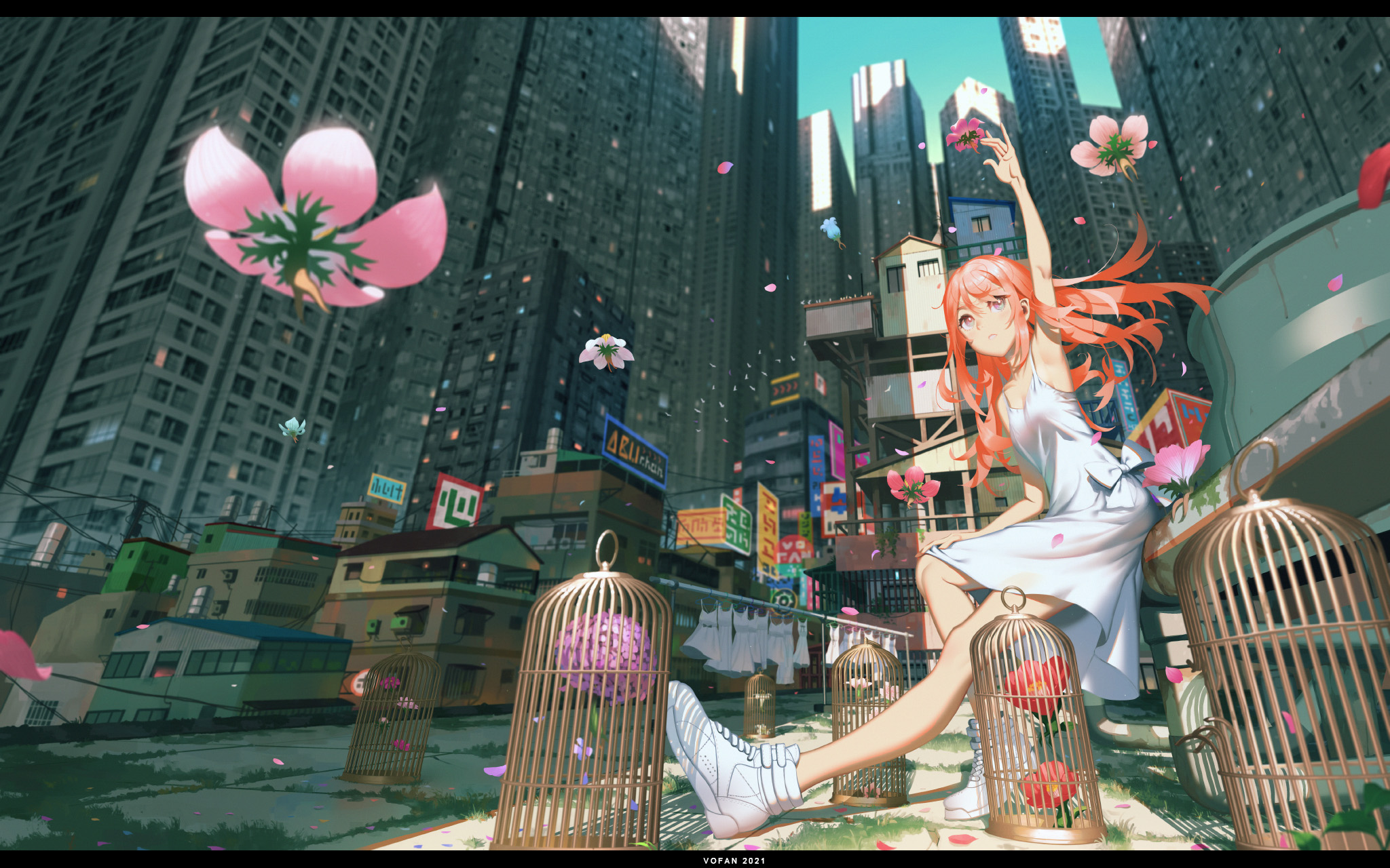 Anime Anime Girls Vofan Cityscape Dress Sun Dress Redhead Flowers 2048x1280