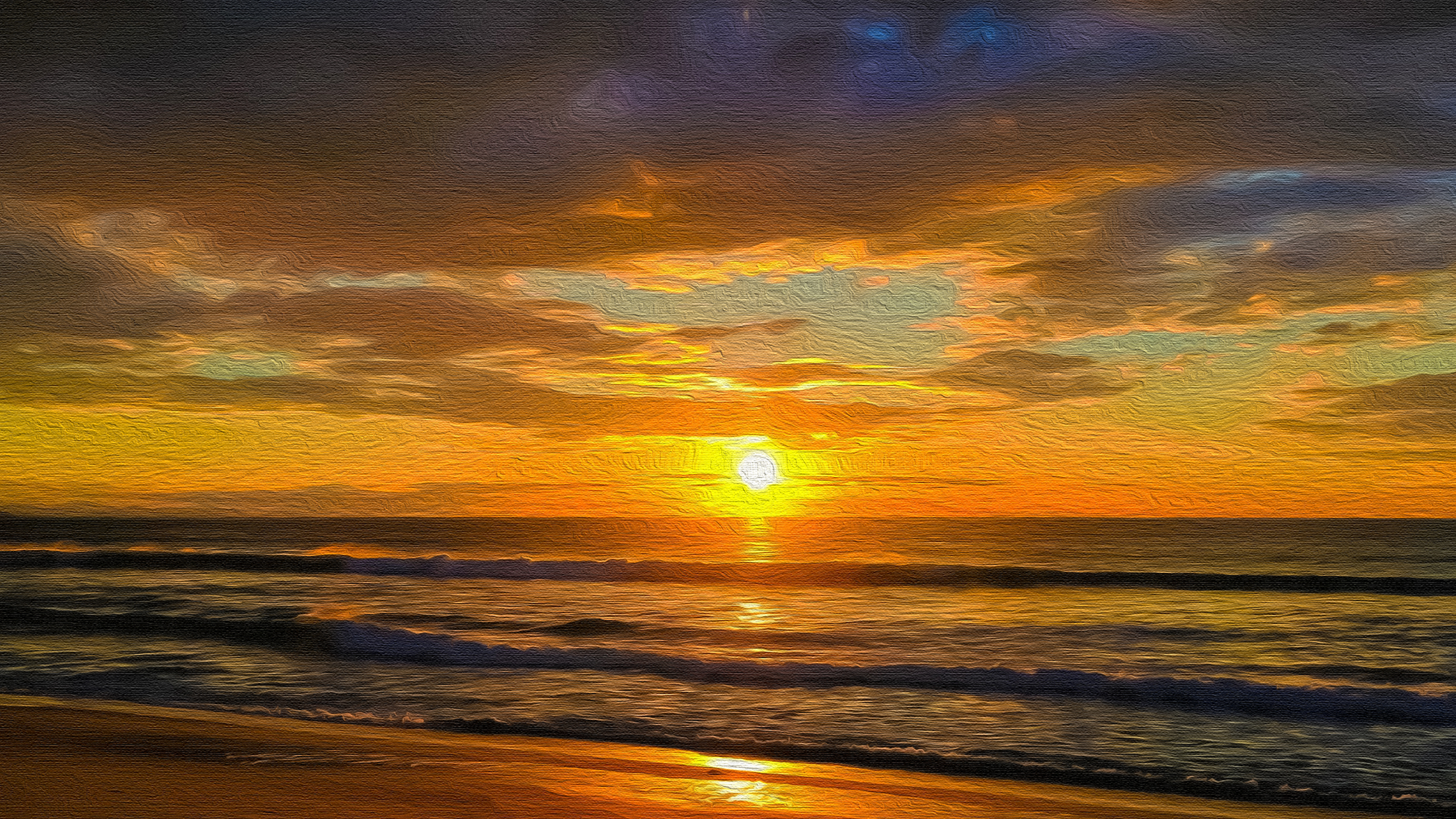Beach Cloud Horizon Oil Painting Sea Sunset Wave 3840x2160