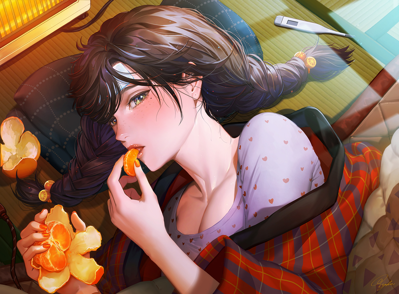 Anime Anime Girls Dark Hair Long Hair Green Eyes Orange Fruit Pillow In Blanket Anime Girls Eating T 1400x1034