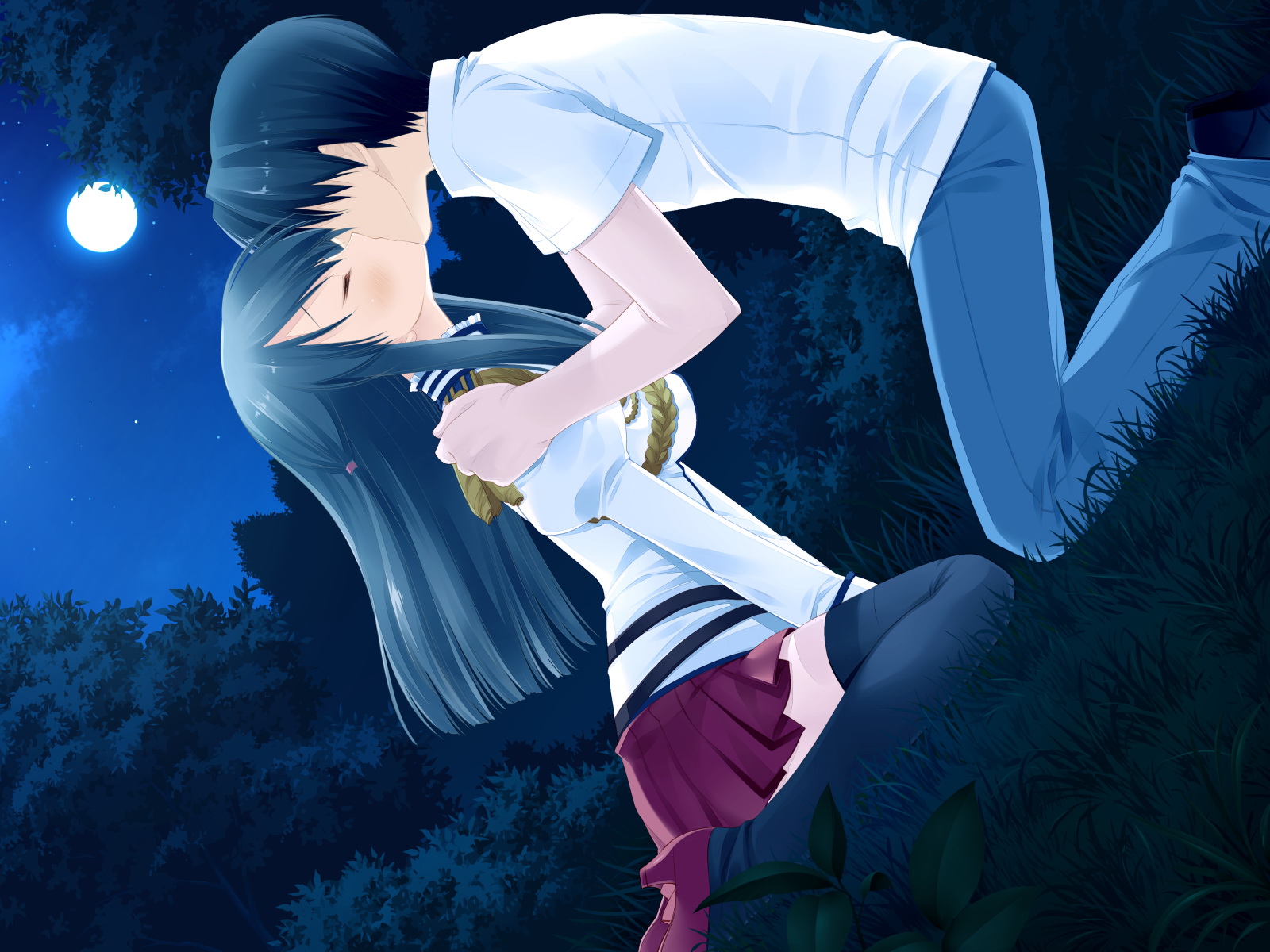 Blue Hair Boy Girl Grass Hijiri Seritsumu Kicking Horse Rhapsody Kiss Long Hair School Uniform Short 1600x1200