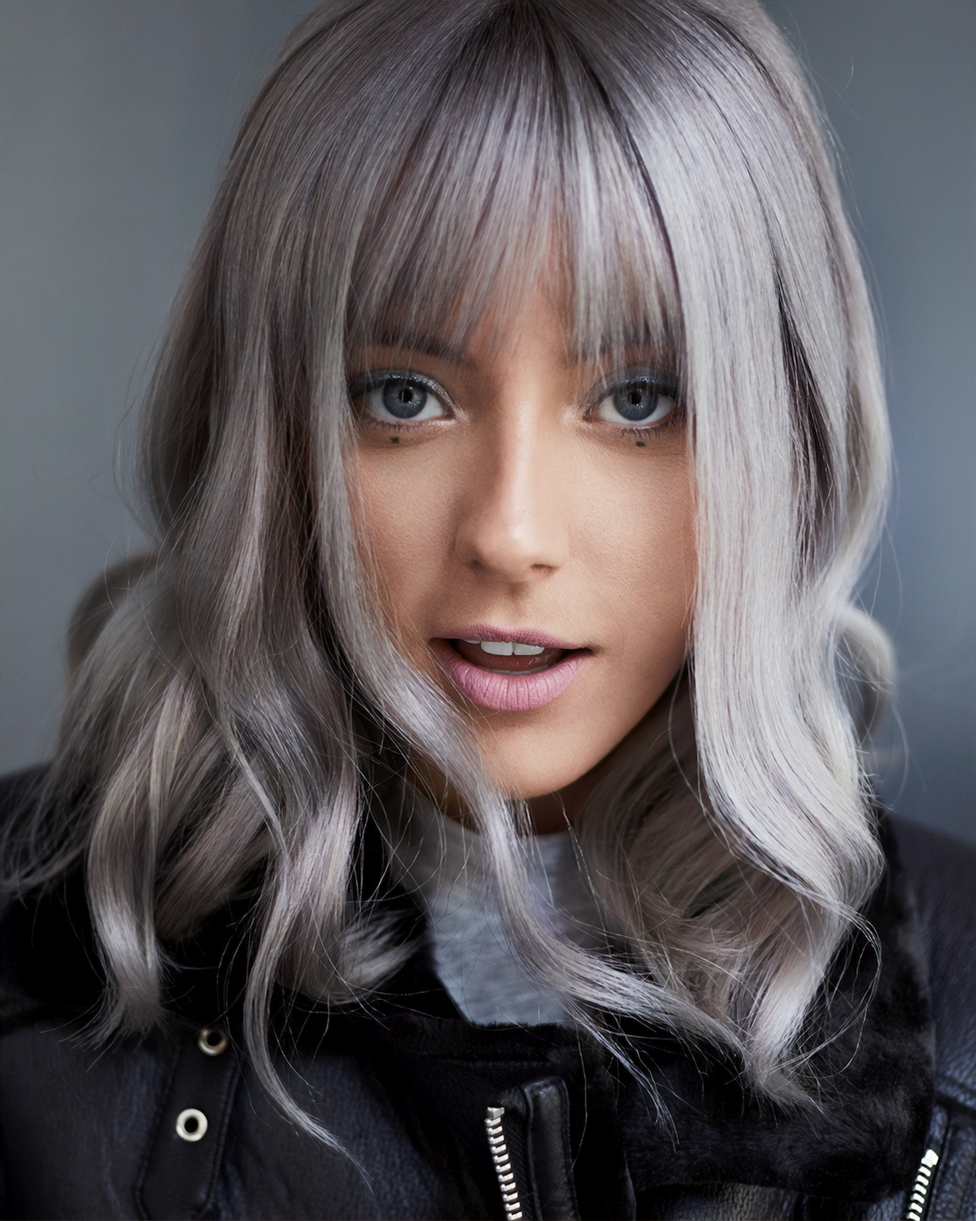 Chloe Norgaard Women Model Face Blue Eyes Grey Hair Makeup Long Hair Simple Background Danish 1100x1375