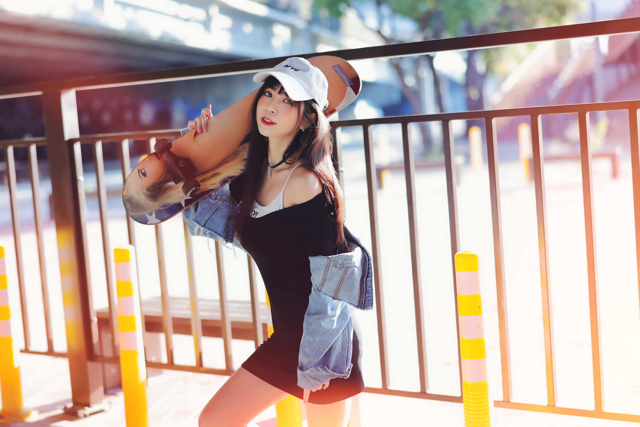 Serene Liu Women Model Asian Brunette Baseball Caps Dress Black Dress Skateboard Jeans Jacket Jacket 2048x1366