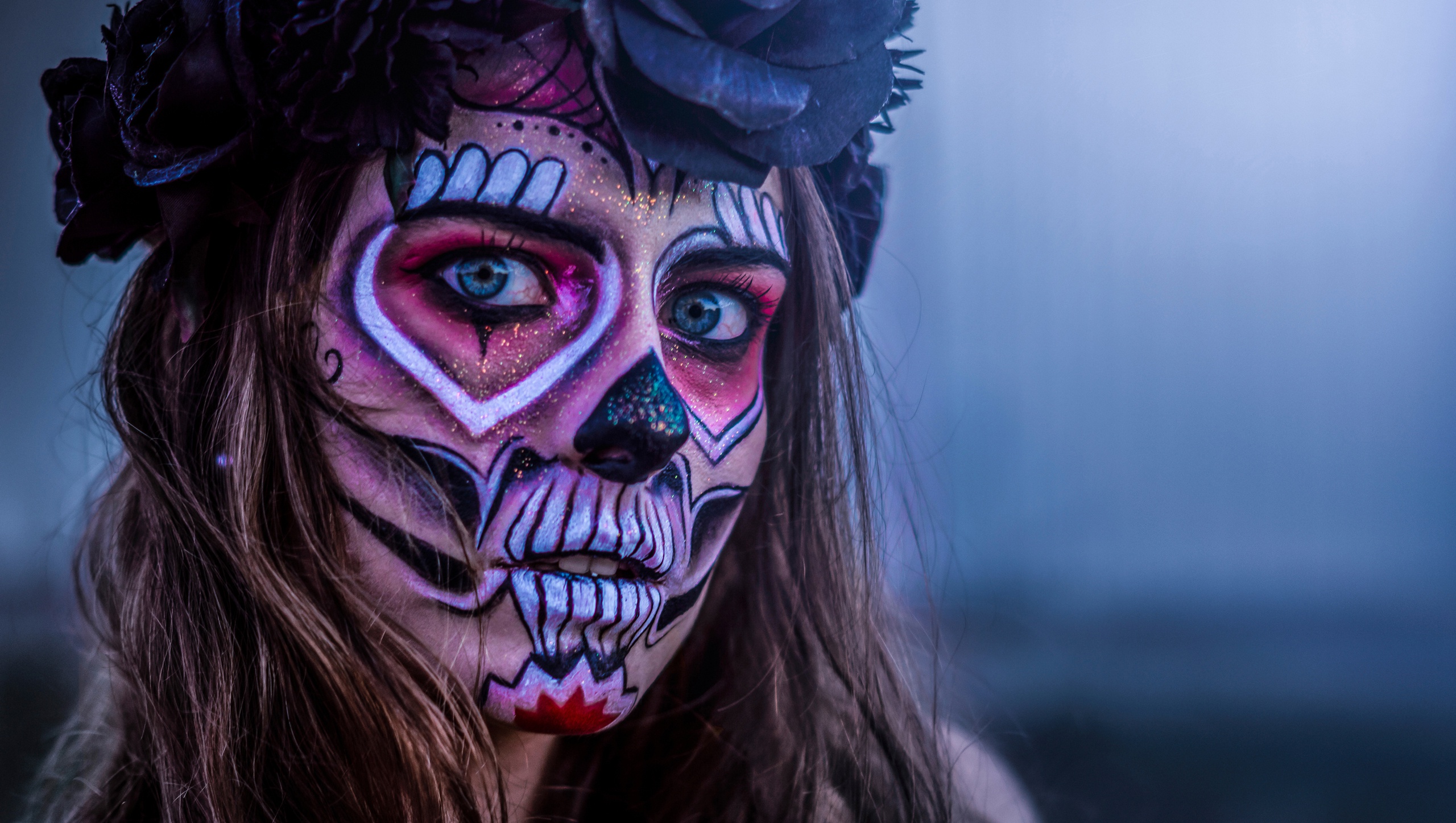 Women Model Dia De Los Muertos Makeup Looking At Viewer 2560x1447