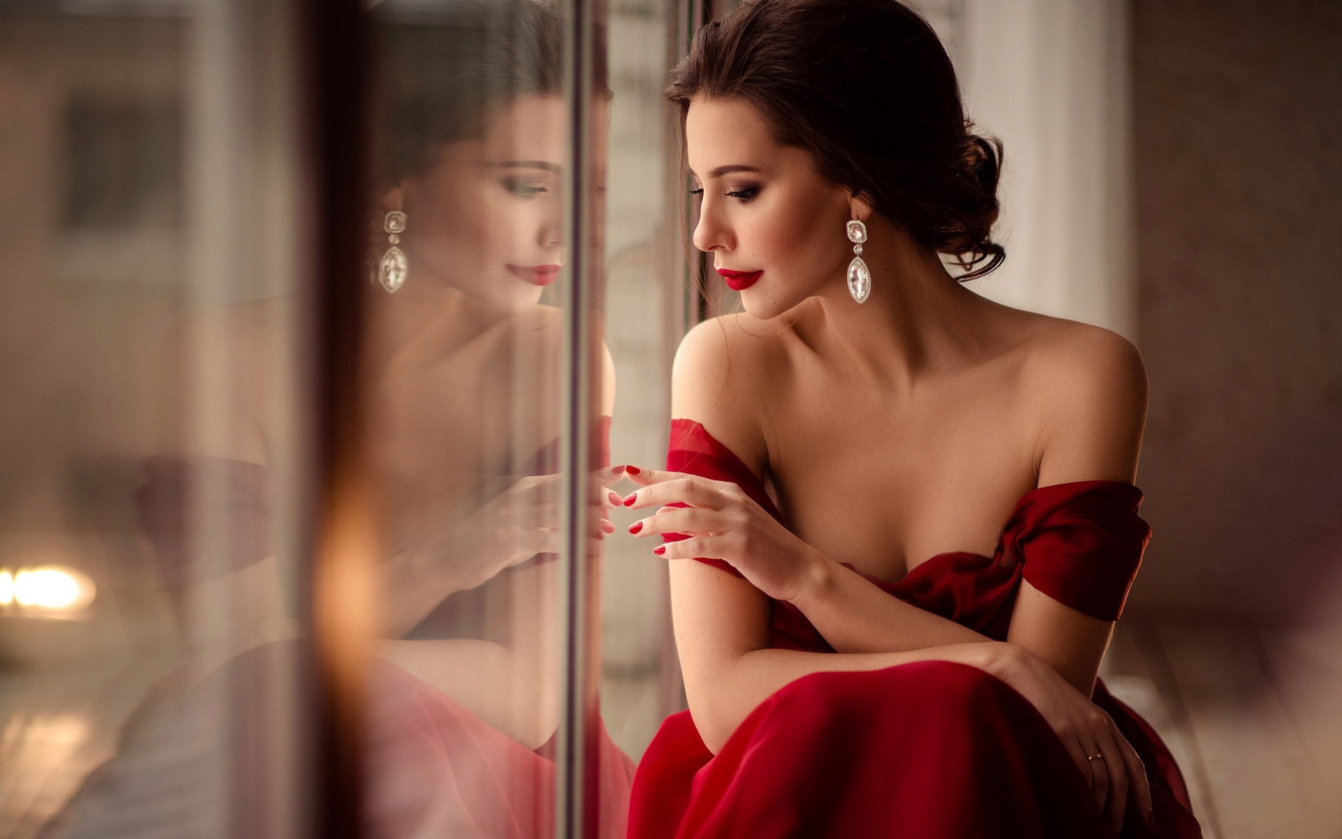Brown Hair Earrings Hand Lipstick Makeup Red Dress Reflection Style 1920x1200