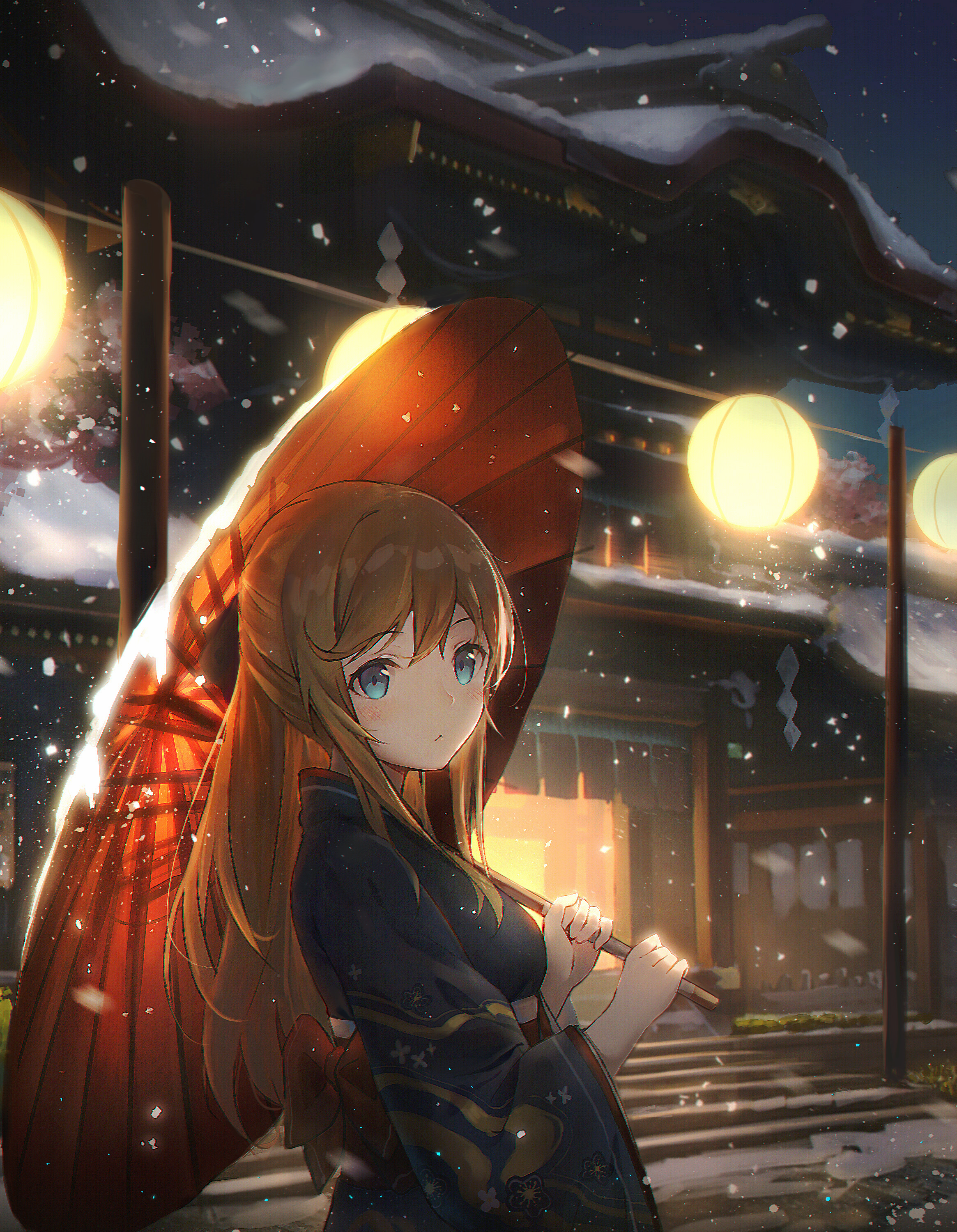 Portrait Display BanXuan C2KA Anime Girls Umbrella Snow Japanese Clothes Brunette Blue Eyes Night 2330x3001