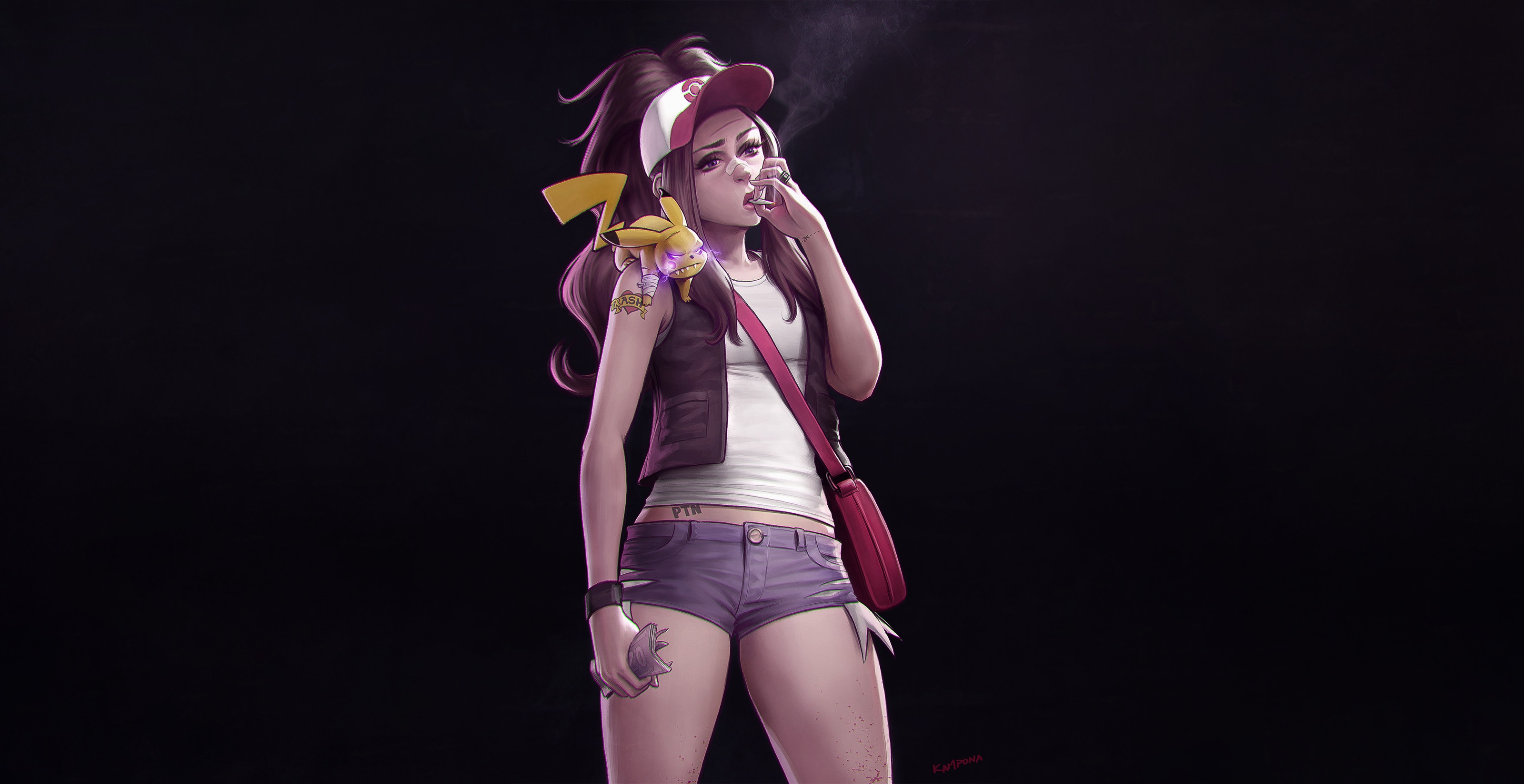 Girl Pikachu Pokemon Shorts Smoking Woman 3200x1648