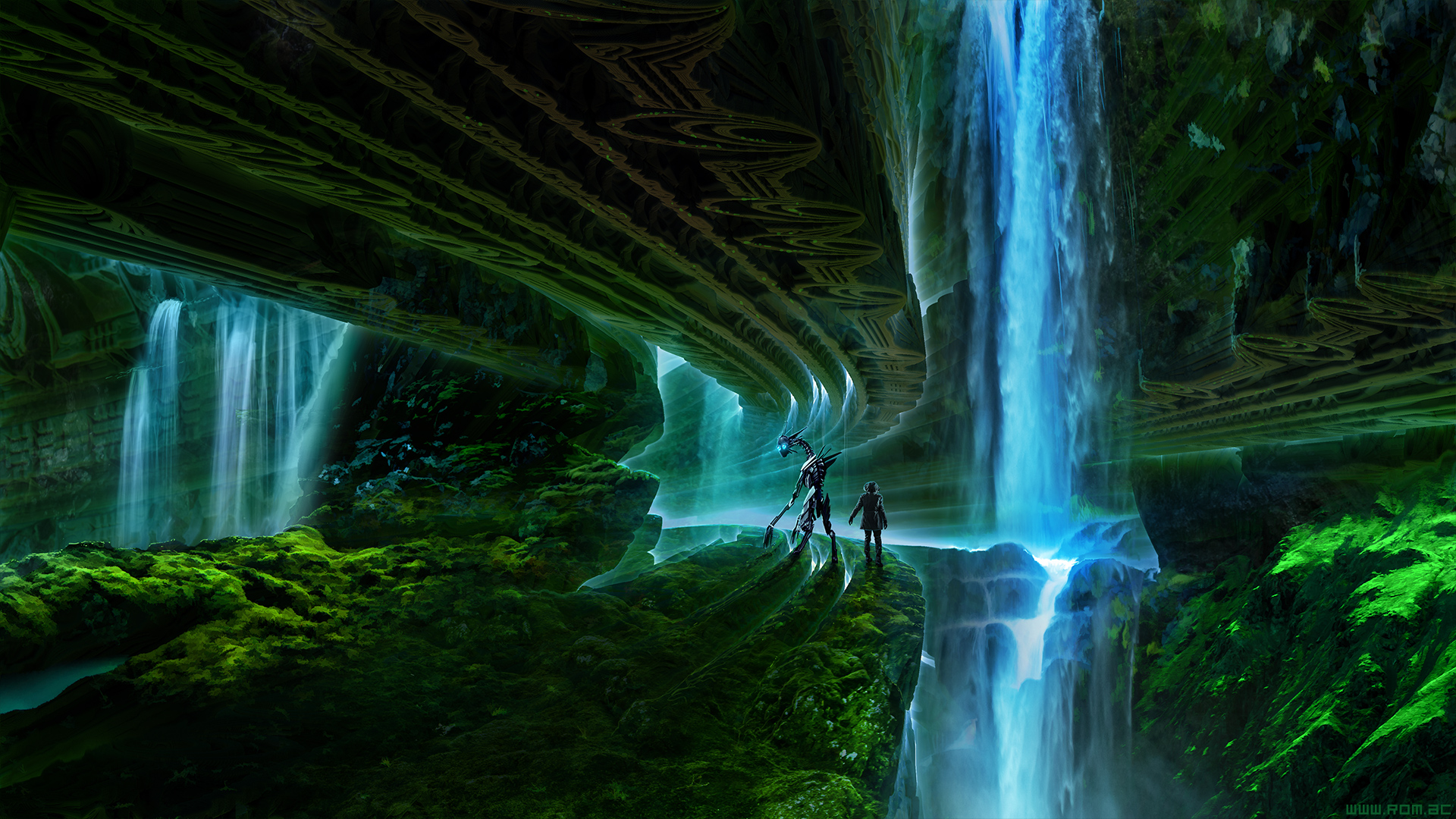 Robot Romantically Apocalyptic Underground Waterfall 1920x1080