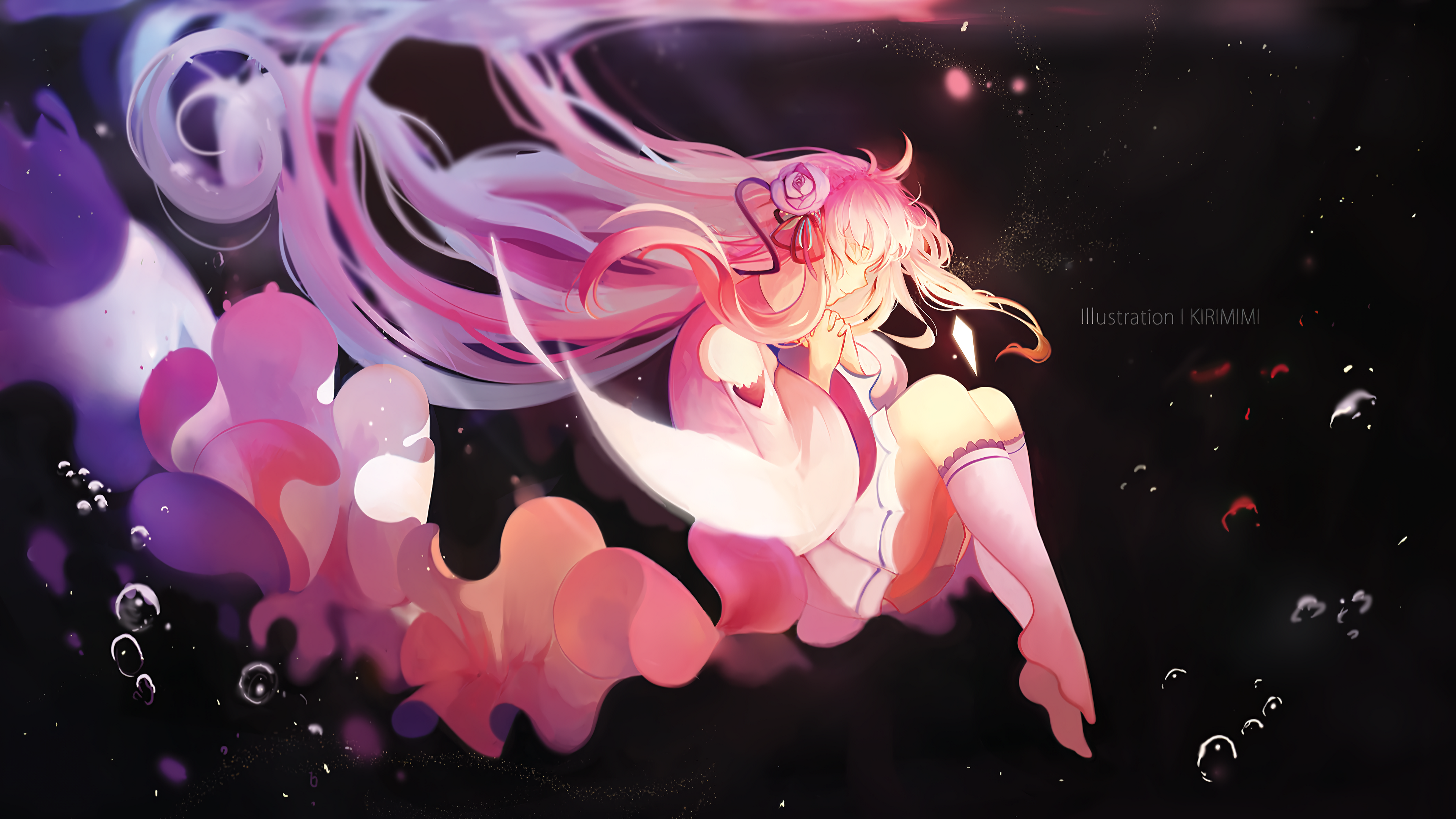 Anime Anime Girls Pink Hair Praying In Water Long Hair Black Background 3840x2160