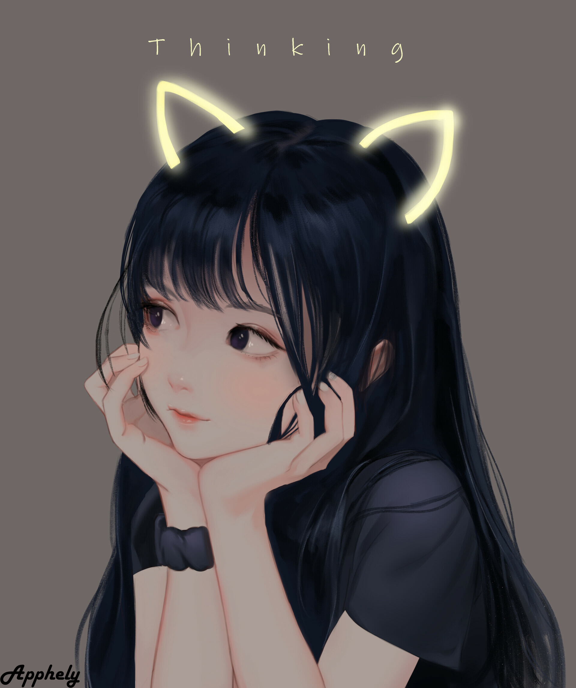 Anime Black Hair Simple Background Long Hair Looking At The Side