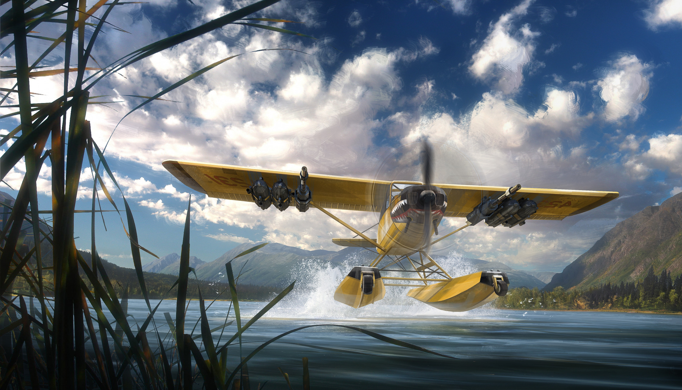 Ubisoft Seaplane Yellow Clouds Lake Mountains Landscape Far Cry Far Cry 5 Screen Shot Planes Video G 2236x1280