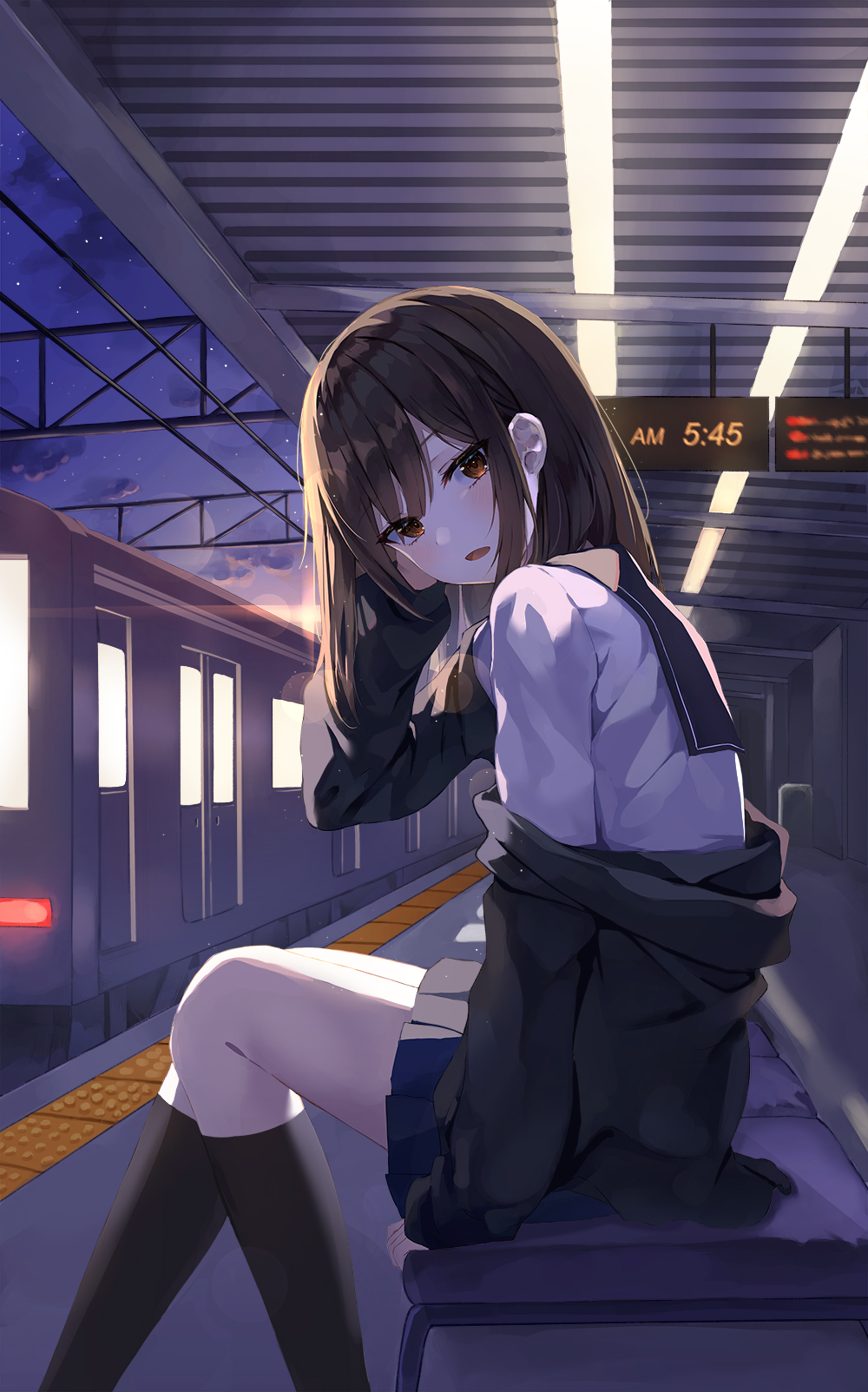 Lkeris Anime Anime Girls Vertical Train Station Sitting School Uniform Brunette Brown Eyes 1000x1603