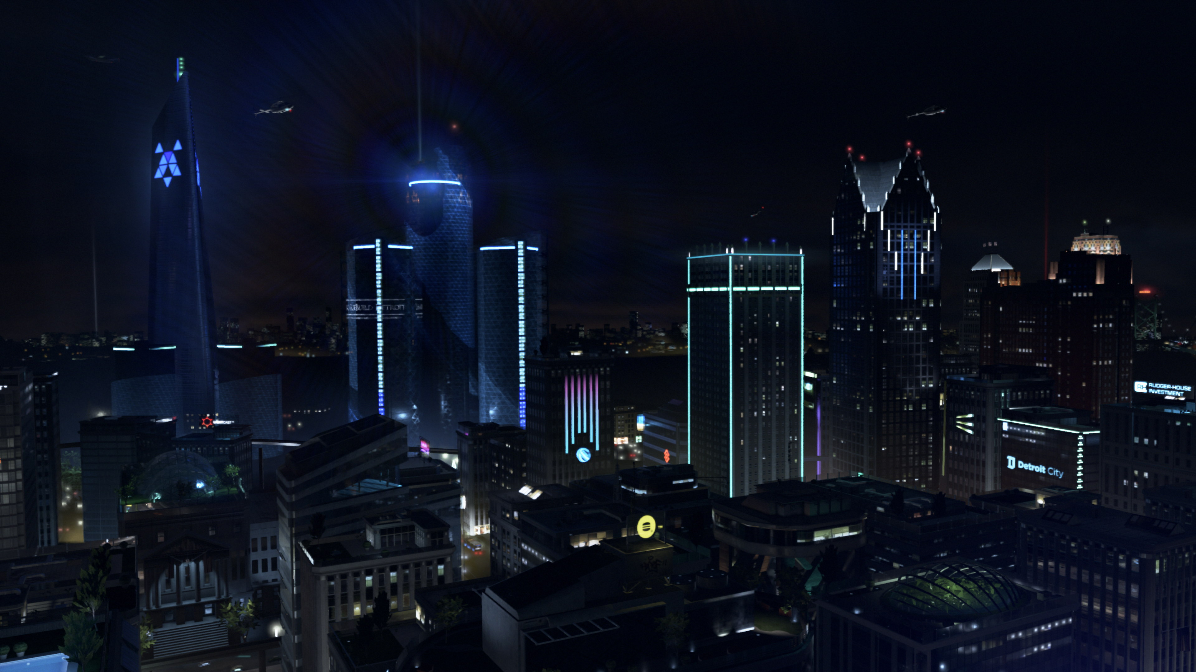 Detroit Detroit Become Human Night Lights Helicopters Neon Lights Science Fiction Videogame Skyscrap 3840x2160