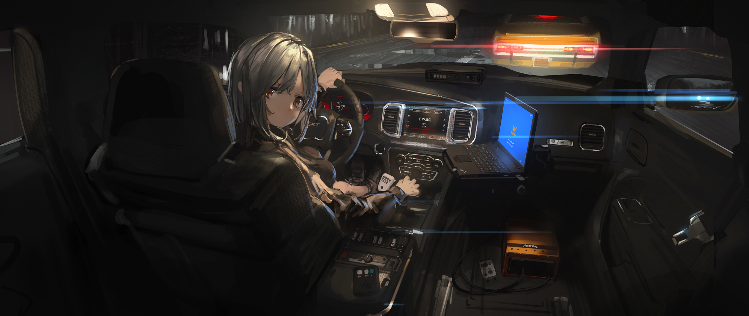 Anime Anime Girls Digital Art Artwork Renatus Z Car Interior Laptop Looking Back Gray Hair Brown Eye 2500x1055