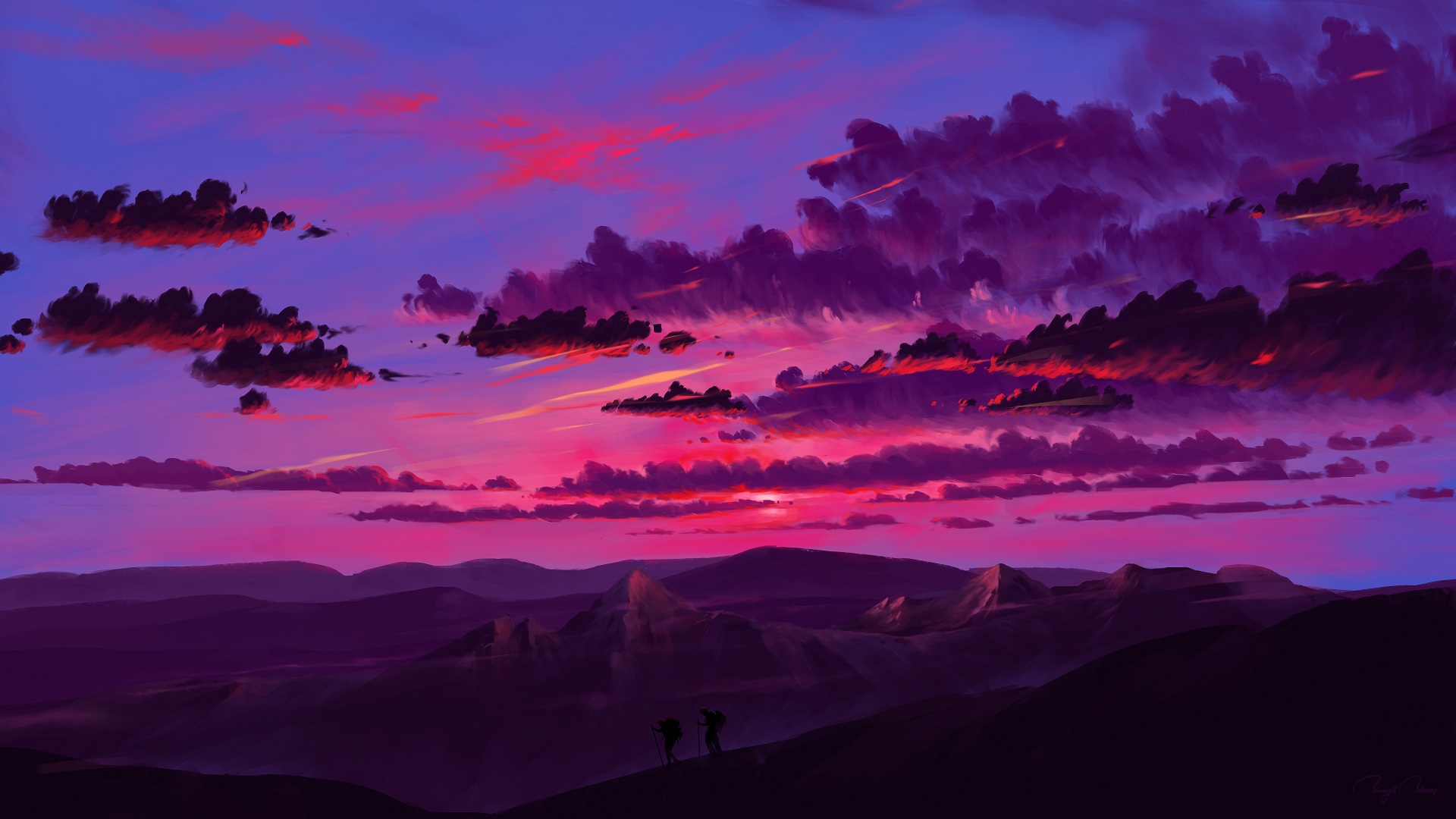 Digital Painting Landscape Mountains Sunset Sky Clouds BisBiswas 1920x1080