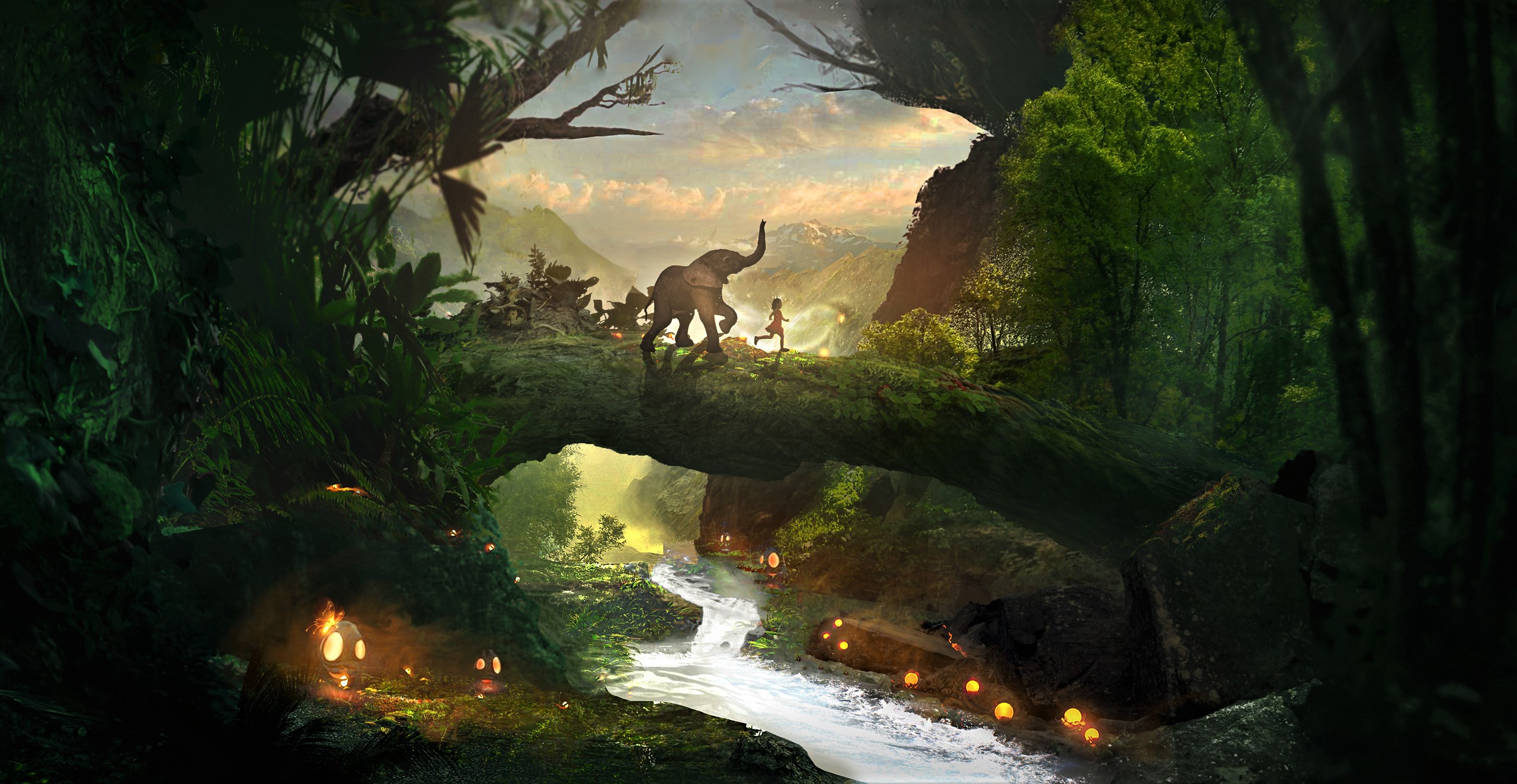Artistic Bridge Elephant Forest Light Magical River 2560x1323