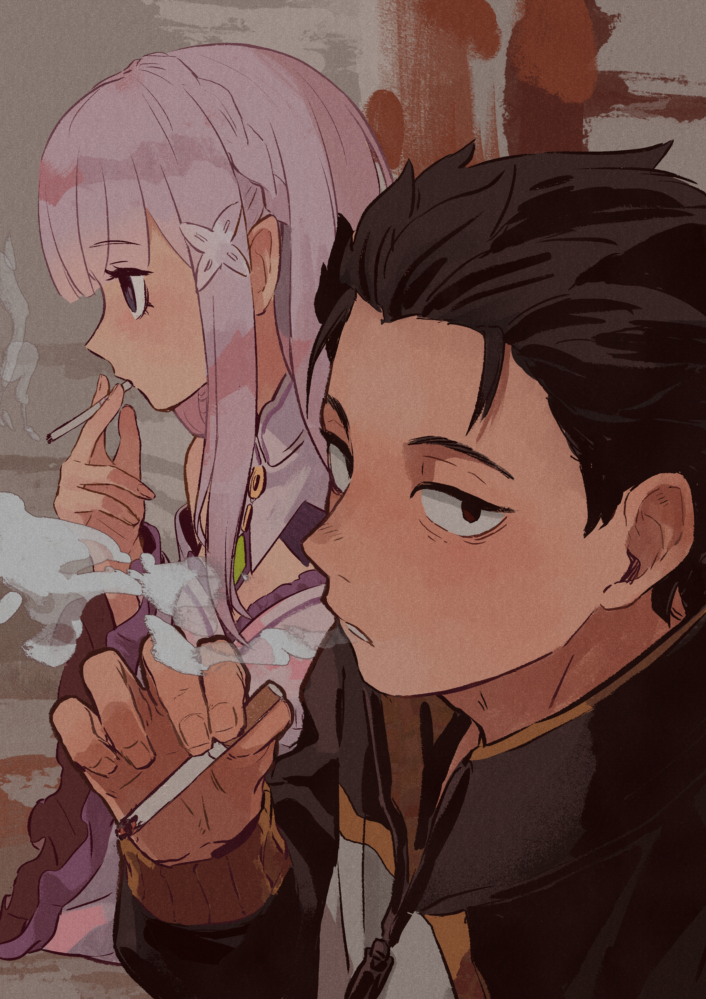 Re Zero Kara Hajimeru Isekai Seikatsu Couple Smoking Looking Away Anime Boys Anime Girls Blunt Bangs 2894x4093
